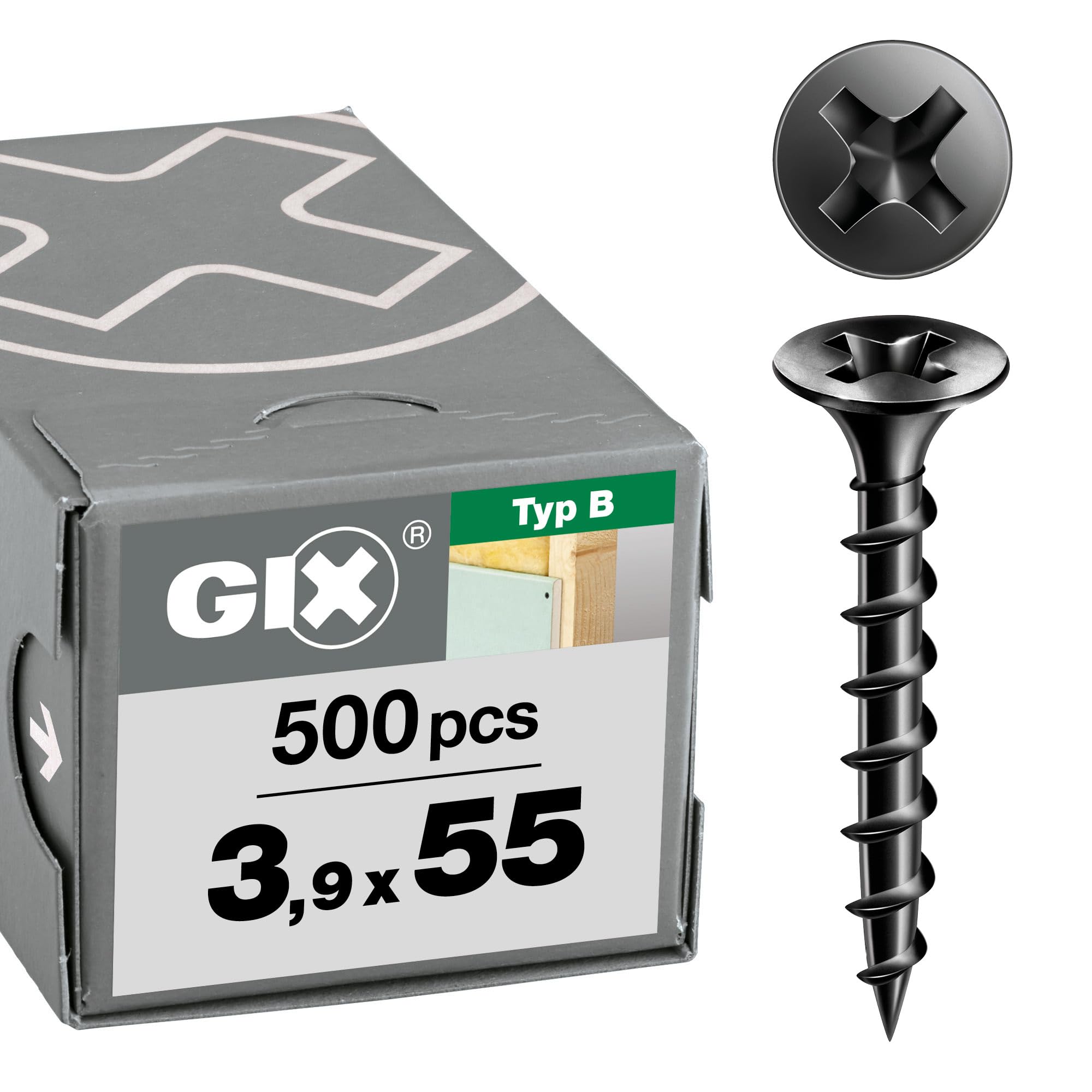 Spax Black Gix-B Drywall Screws 3.9 X 55Mm Coarse Thread 500 Pieces Trumpet Head Phillips H2 Drywall Screws For Wood Substructures - 1891170390555