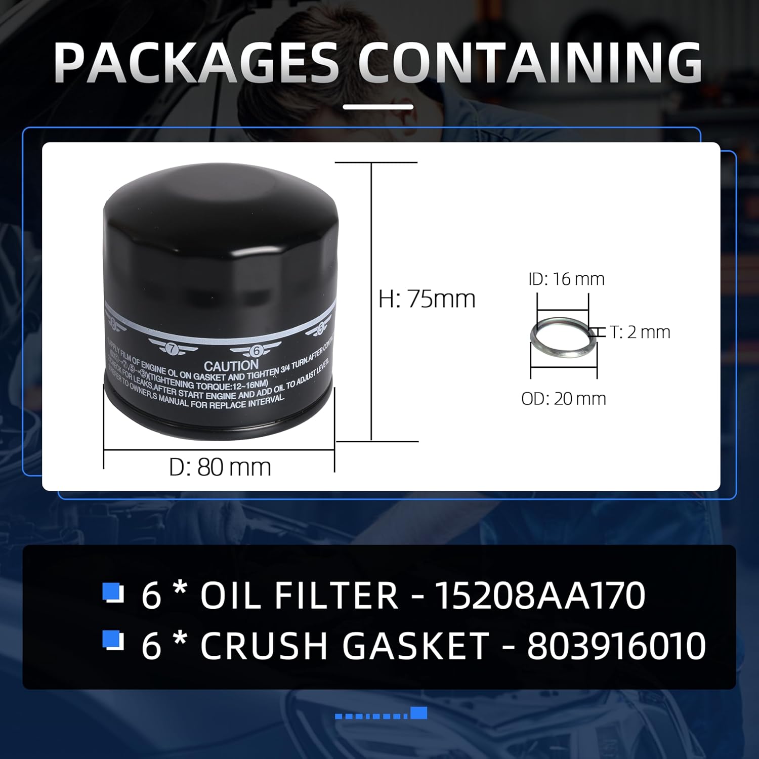 6-Pack 15208AA170 Oil Filter with Crush Gaskets, Fits for Subaru WRX 2015-2024, Fits for Subaru BRZ 2022-2024, 1.6L, 803916010