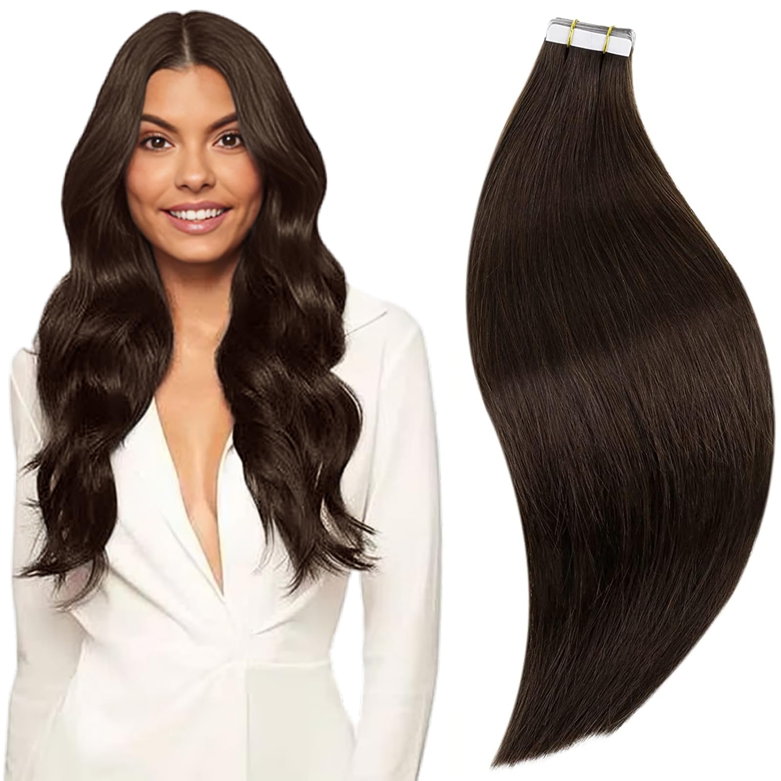 RUNATURE Tape in Hair Extensions Human Hair Brown Invisible Tape in Extensions Remy Human Add Volume for Women 12 Inch 30g #2