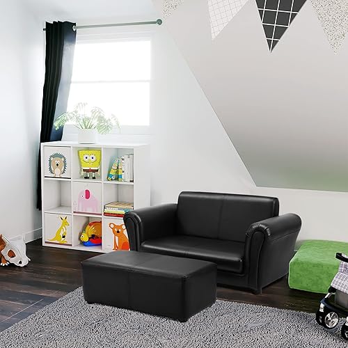 Miniatura 8 de HONEY JOY Sofá para niños, sofá de 2 asientos para niños pequeños, cama con otomana, construcción de madera resistente, sillón tapizado de piel