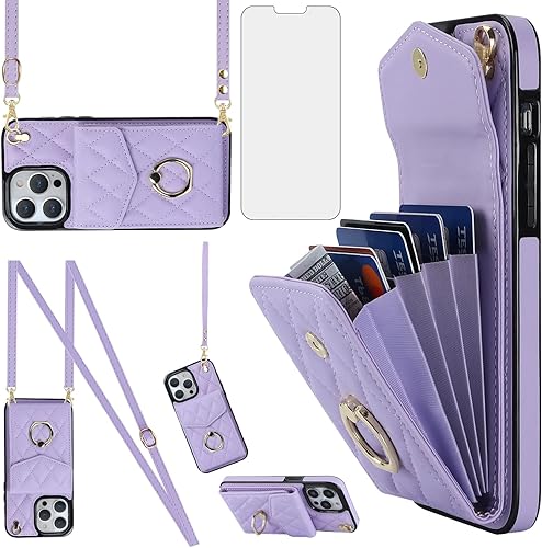 Asuwish Funda de teléfono para iPhone 14 Pro de 6.1 pulgadas con protector de pantalla de vidrio templado, correa de muñeca, anillo de bloqueo RFID,