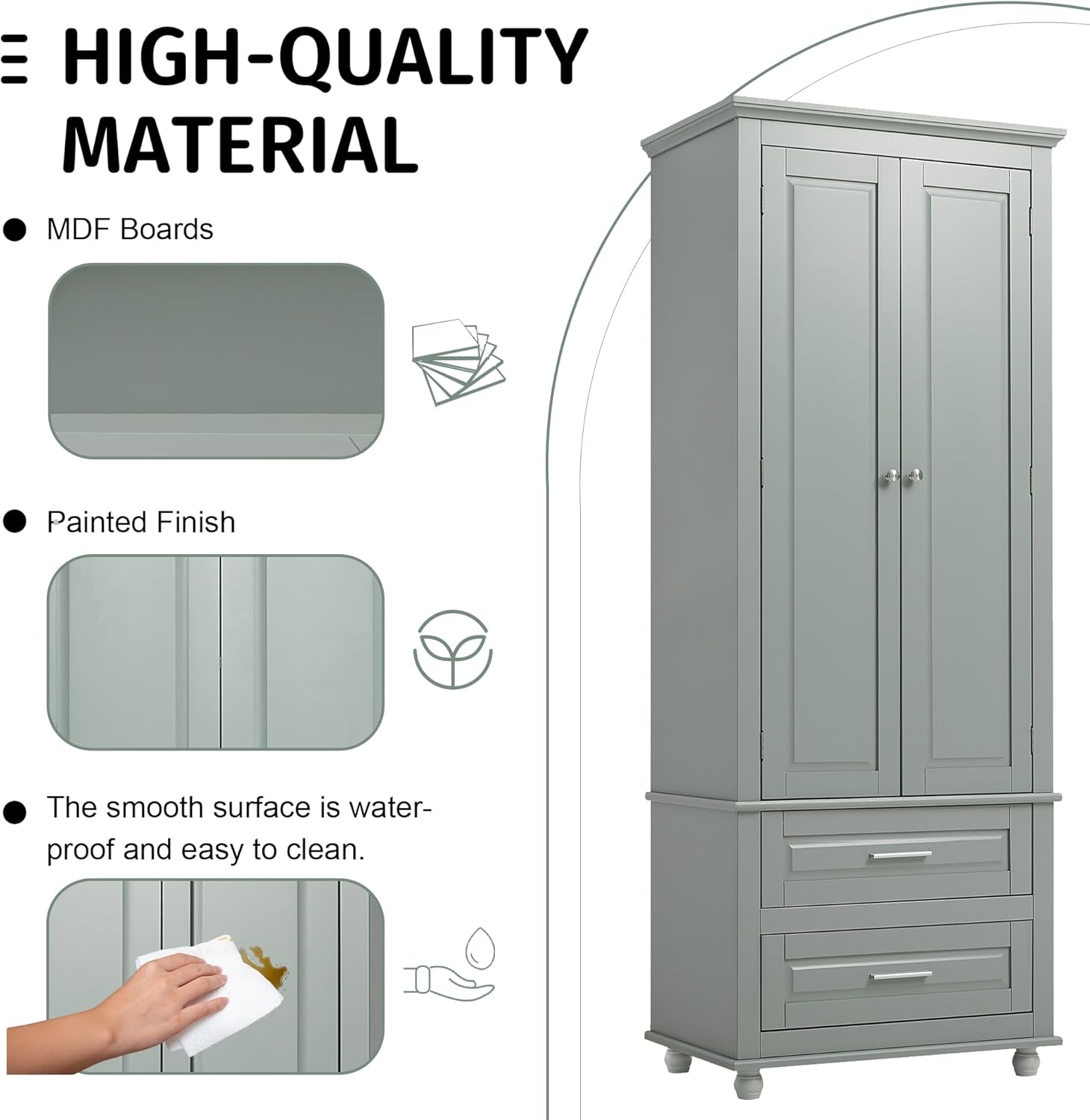 62.5" Tall and Wide Storage Cabinet with Doors & 2 Drawers,Wooden Kitchen Pantry Cupboard,w/Adjustable Shelf/Anti-Dumping Device,for Bathroom/Office/Living Room,Grey