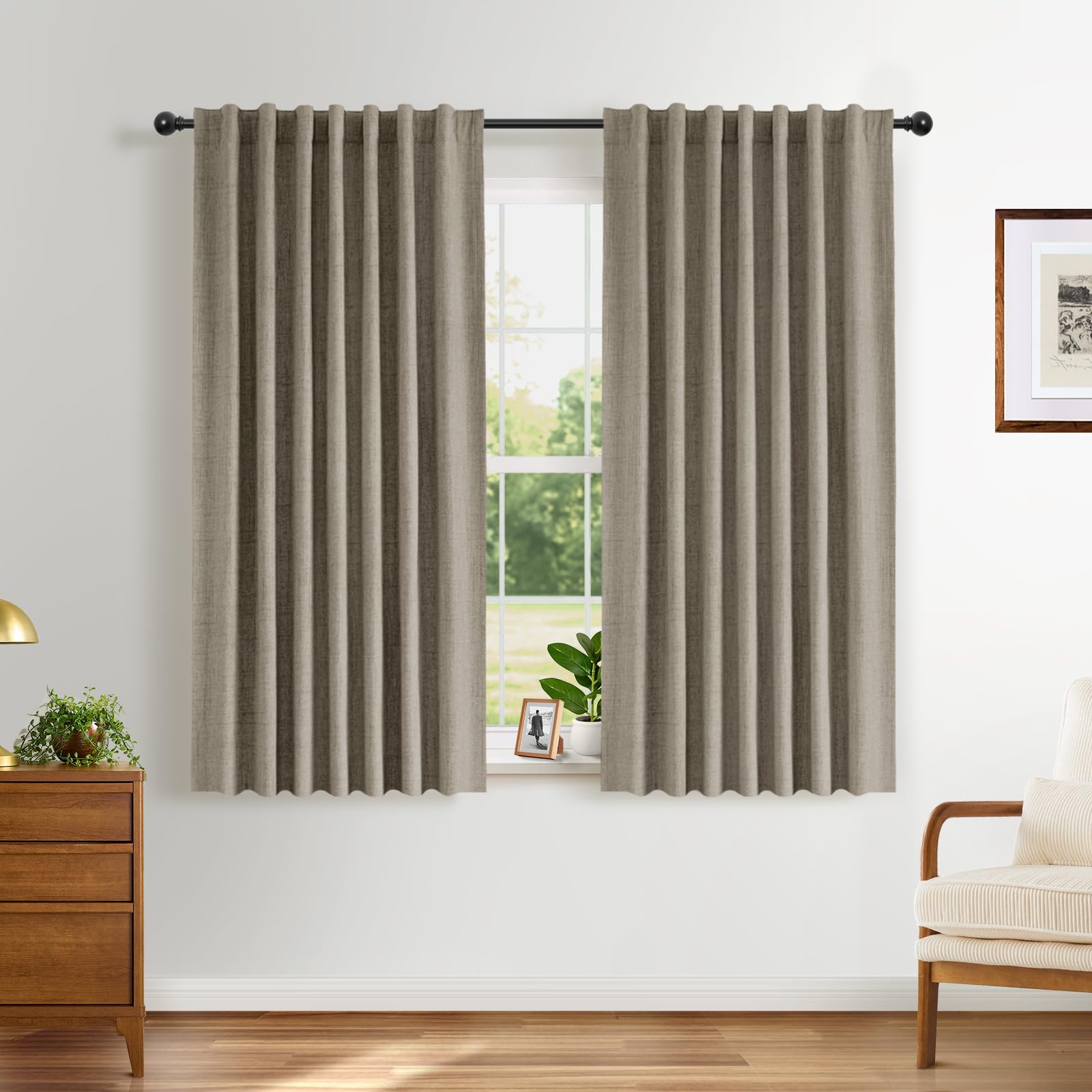 INOVADAY 100% Blackout Curtains for Bedroom 54 Inch Drop 2 Panels Thermal Insulated Curtains for Living Room, Back Tab Rod Pocket Curtains with Coating Back Layer,46" W x 54" L,Linen