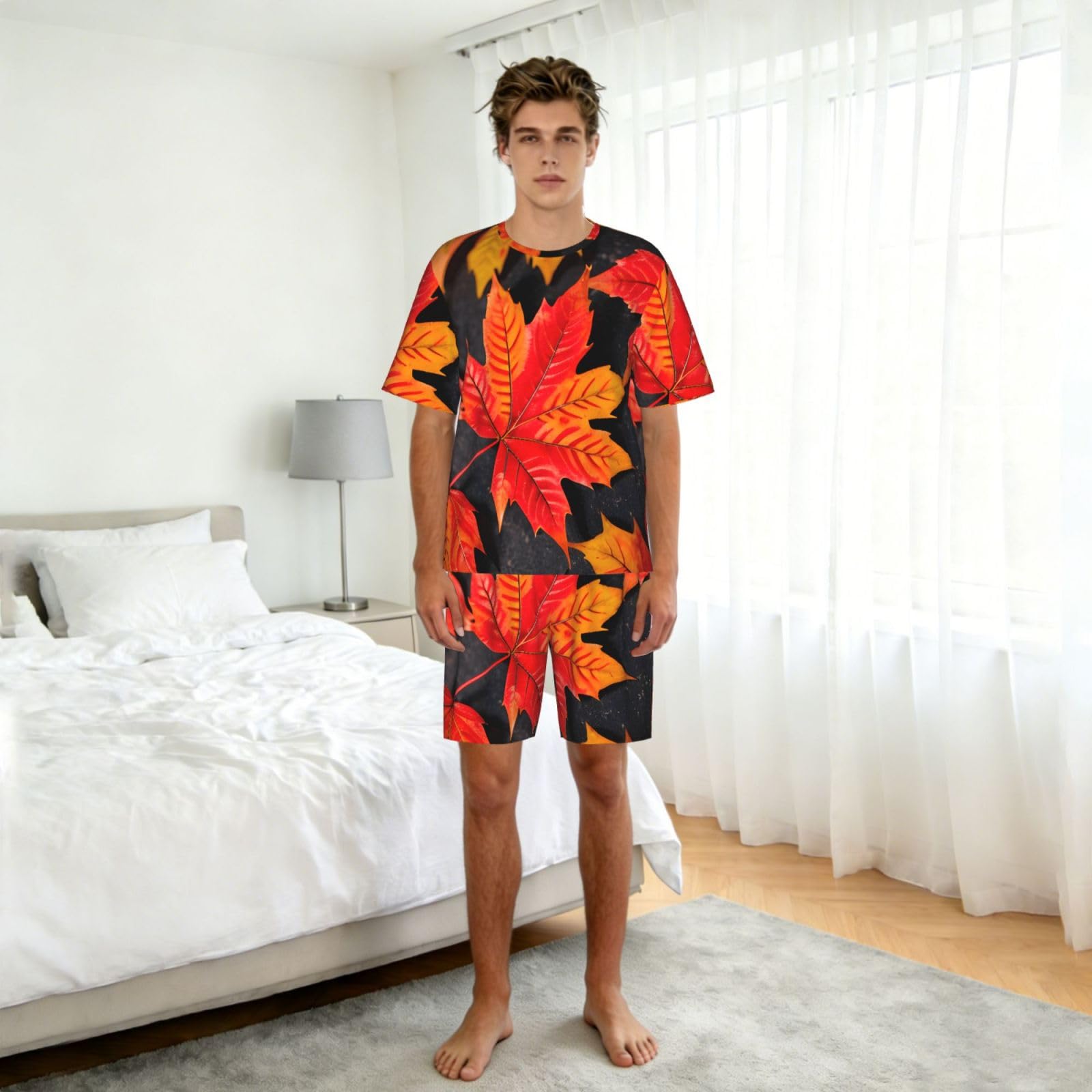 Conjunto de pijama clásico con estampado de hojas rojas para hombre, pantalones cortos de pijama suaves para hombre, perfecto para las noches de verano
