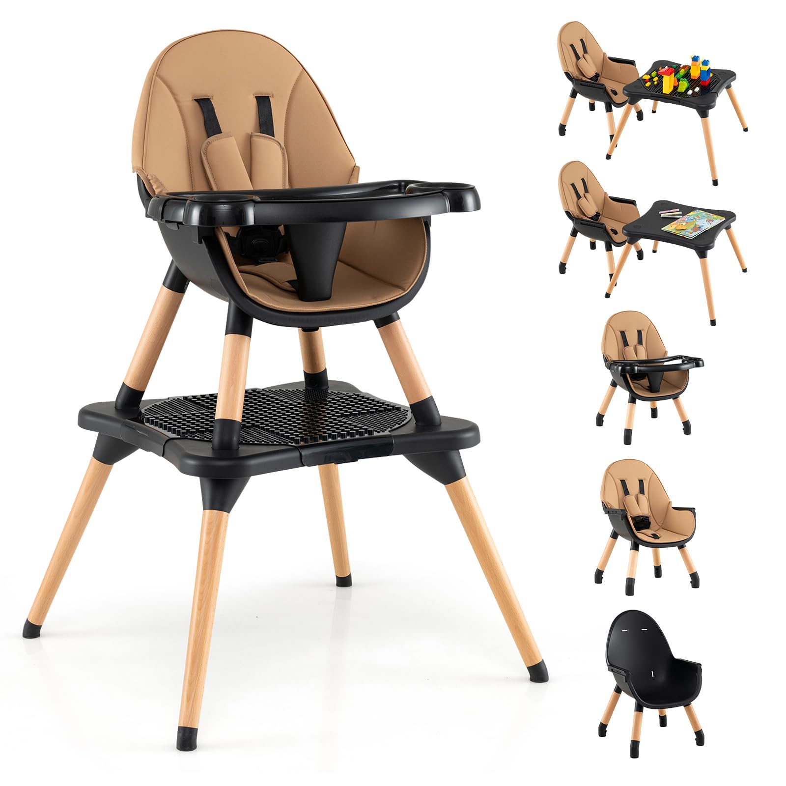 GOPLUS 6 in 1 Hochstuhl Baby, Kinderstuhl mit abnehmbares Bausteintisch, Babyhochstuhl mit verstellbar Doppeltablett, Kombihochstuhl, Essstuhl, Lerntisch, Kinderhochstuhl für 6-36 Monate (Braun)
