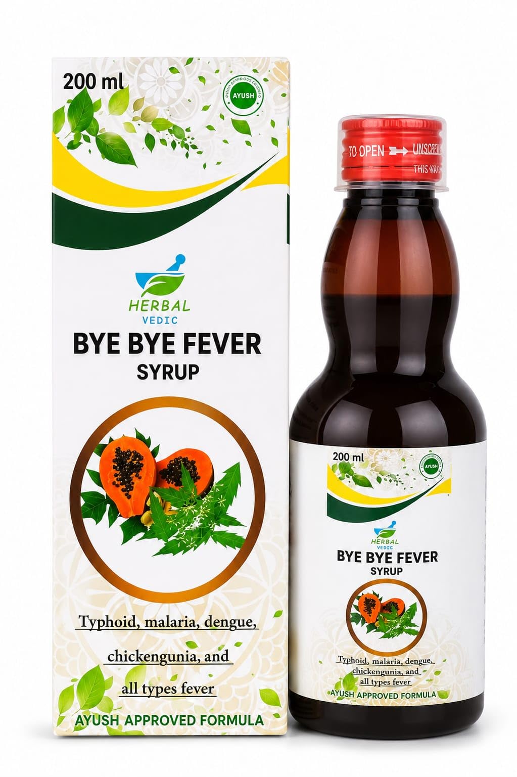 HERBAL VEDIC Bye Bye Fever Syrup | Get Ayurvedic Relief from Throat Issue, Natural Fever Care Syrup | Typhoid, Malaria, Dengue, Chinkengunia | Fever Syrup for kids all types Fever Syrup (200ml)-image-26