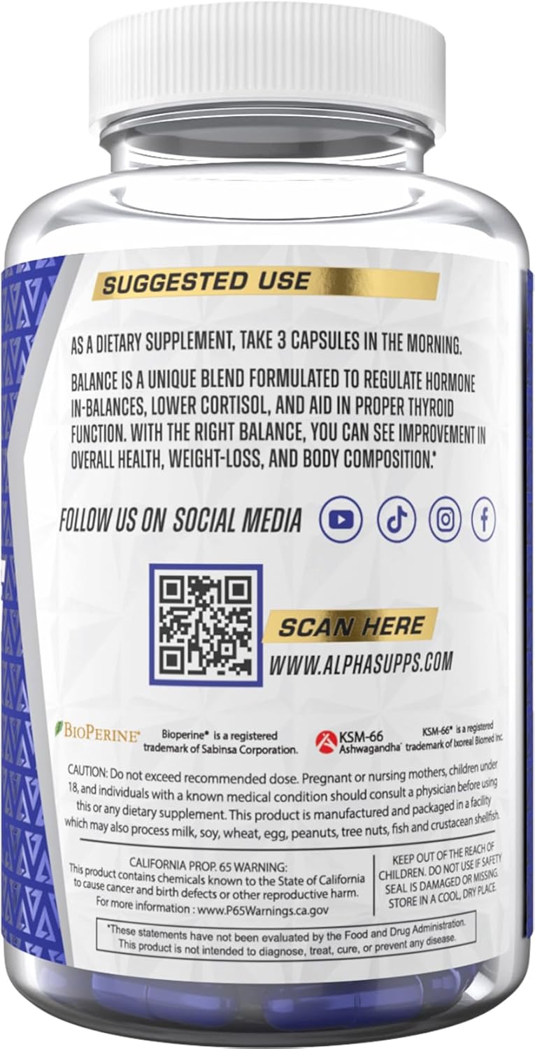 Alpha Supps - Alpha Balance | Hormonal and Healthy Stress Level Support | with Inositol and Ashwagandha | 90 Capsules