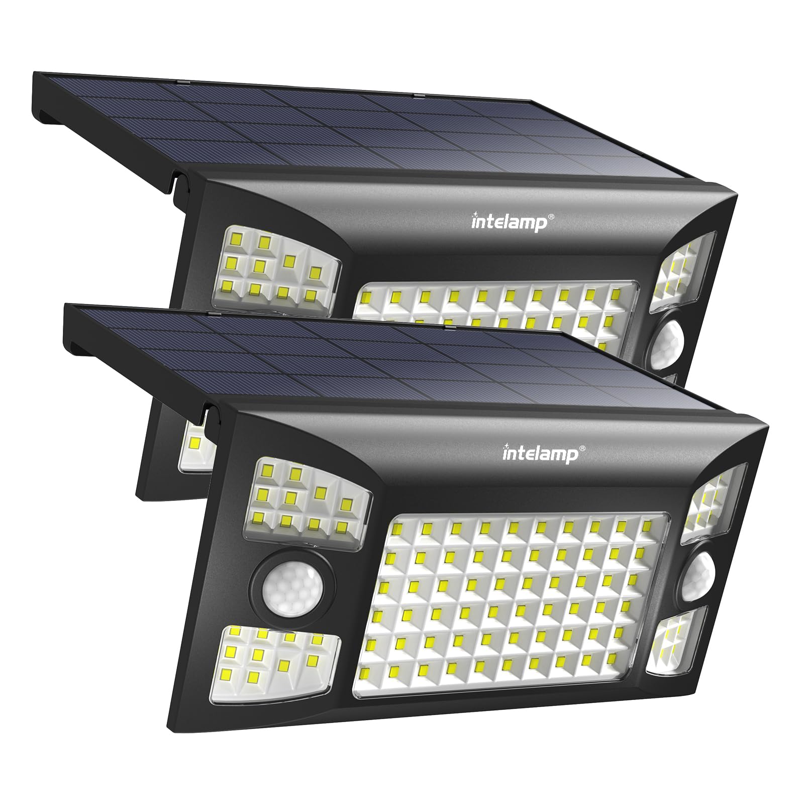 INTELAMP Solarlampen für Außen mit Bewegungsmelder, 2 Stück 1300LM Superhelle Solarlampe Außen Zwei Bewegungsmelder,180°3 Modi Solar Wandleuchte IP65 Wasserdichte für Garten Garage Wand Pathway
