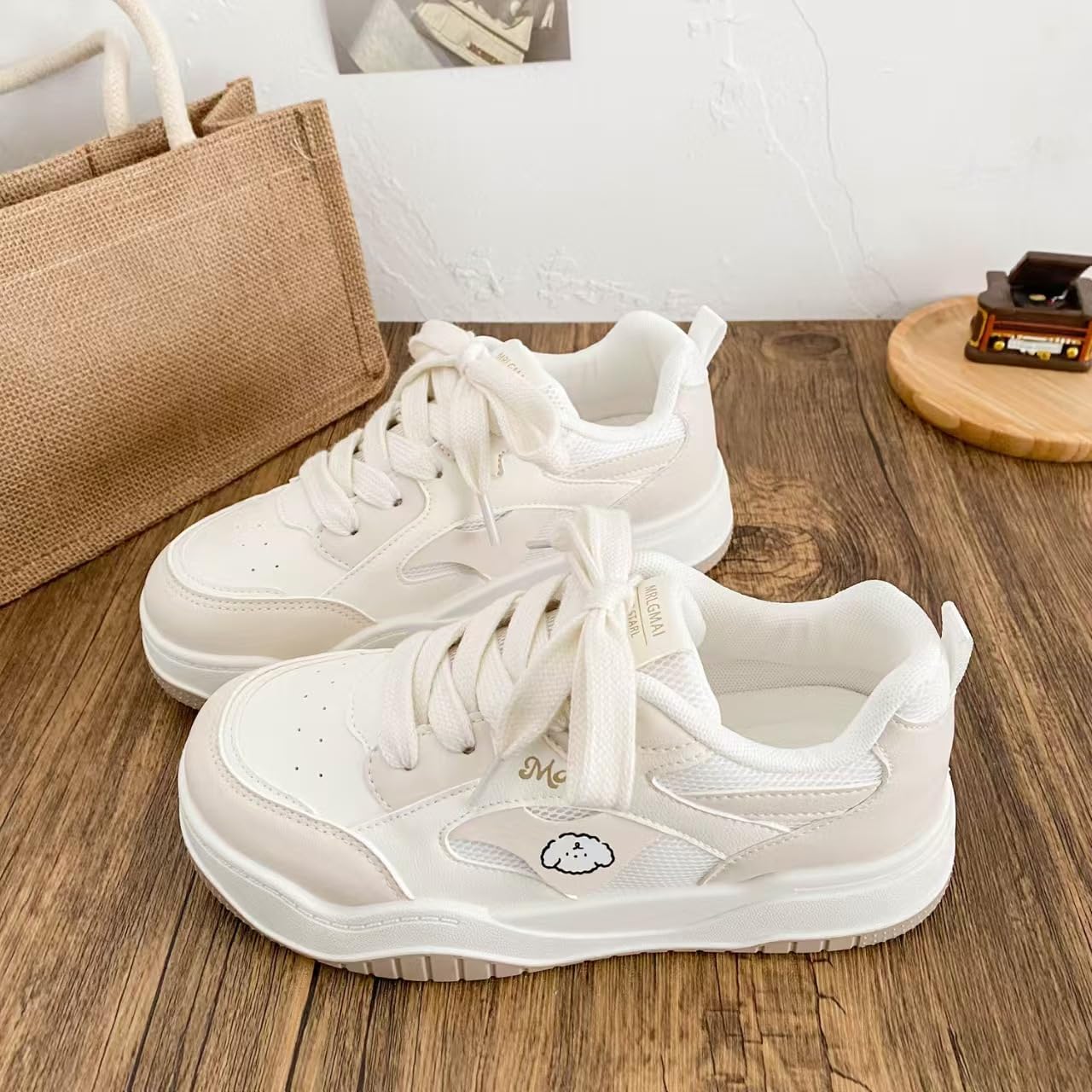 Y2K Shoes Women's Sneakers Beige Graffiti Warm Artistic Design Comfort Durable Sole Platform US5.5-8