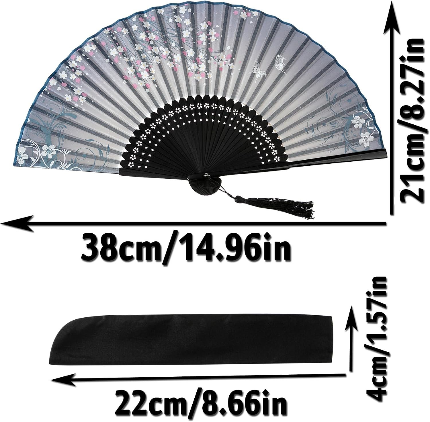 Hand Fan Bamboo Printed Pattern Folding Fan Lacquered Bamboo Fan For Party Wedding Gift With tassel and fan cover Cherry Blossom black image 2