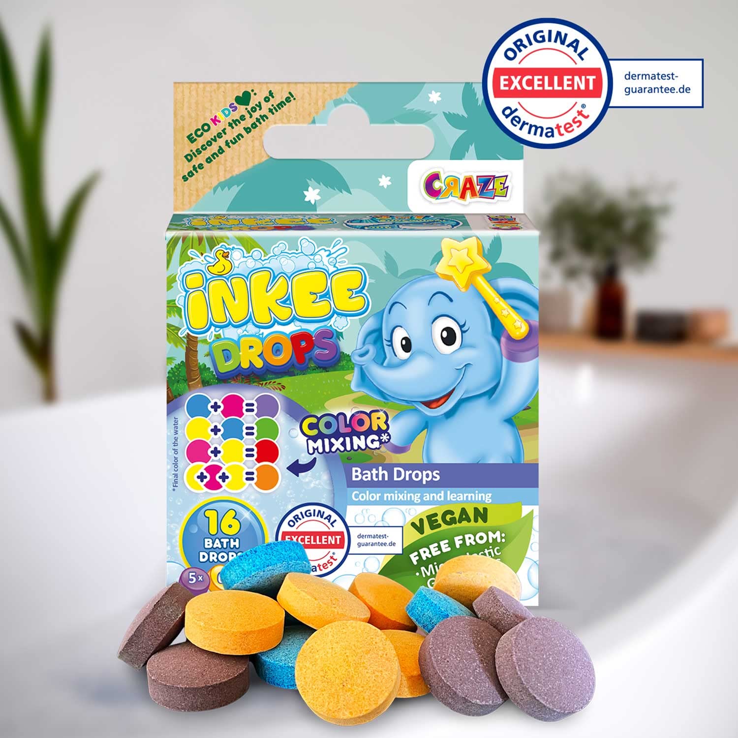 INKEE Bath Drops – 16 Tabletek do Kąpieli do Nauki Kolorów, Badefarby do Wanny dla Dzieci – Kolorowe Tabletki do Kąpieli w Magenta, Żółtym i Niebieskim, 1 Opakowanie