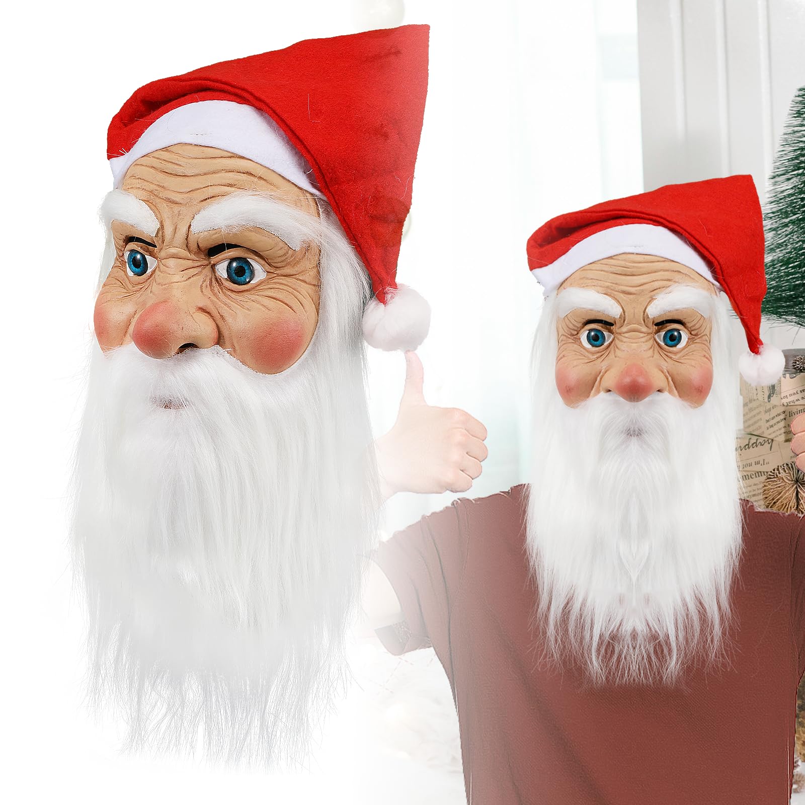 Pddgeun Santa Claus Mask Realistic Old Man Face Mask Father Christmas with Beard Hat Christmas Costume Accessory (Santa A)