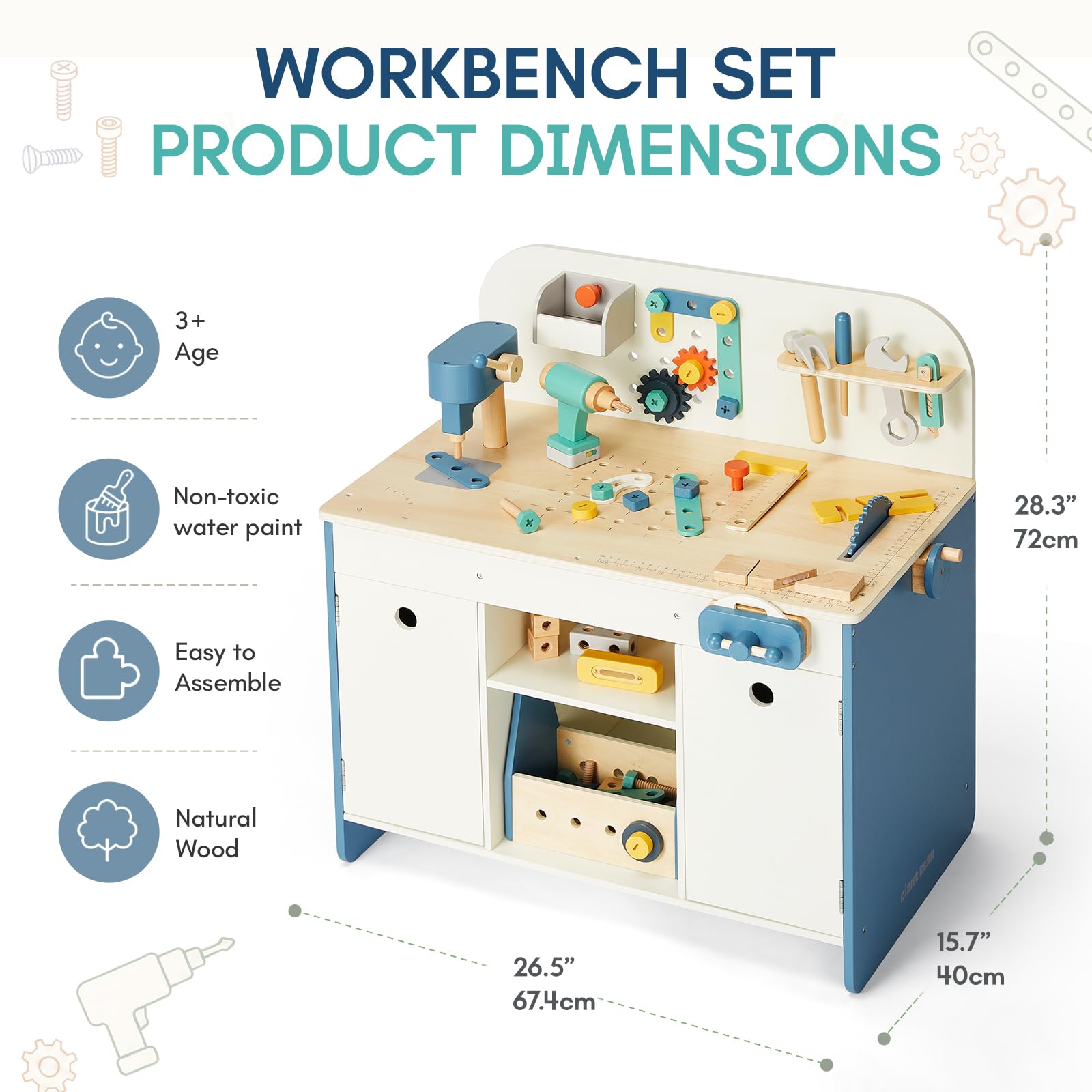 Kinderspielzeug Werkbank Set mit 40+ Teilen – Holz. ab 3 Jahren | Holz Werkzeugkasten & Bastelset , inkl. Bohrmaschine, Hammer, Schraubenzieher, Zahnräder – Kreatives Lernspielzeug
