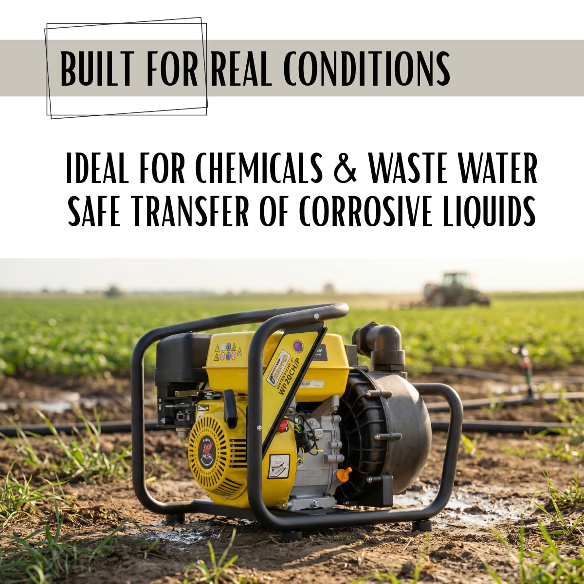 Pompe à eau propre et chimique portable 60 000 l/h hauteur de refoulement 30 m moteur essence 4 temps 3600 tr/min accessoires inclus WASPPER WP20CH-P