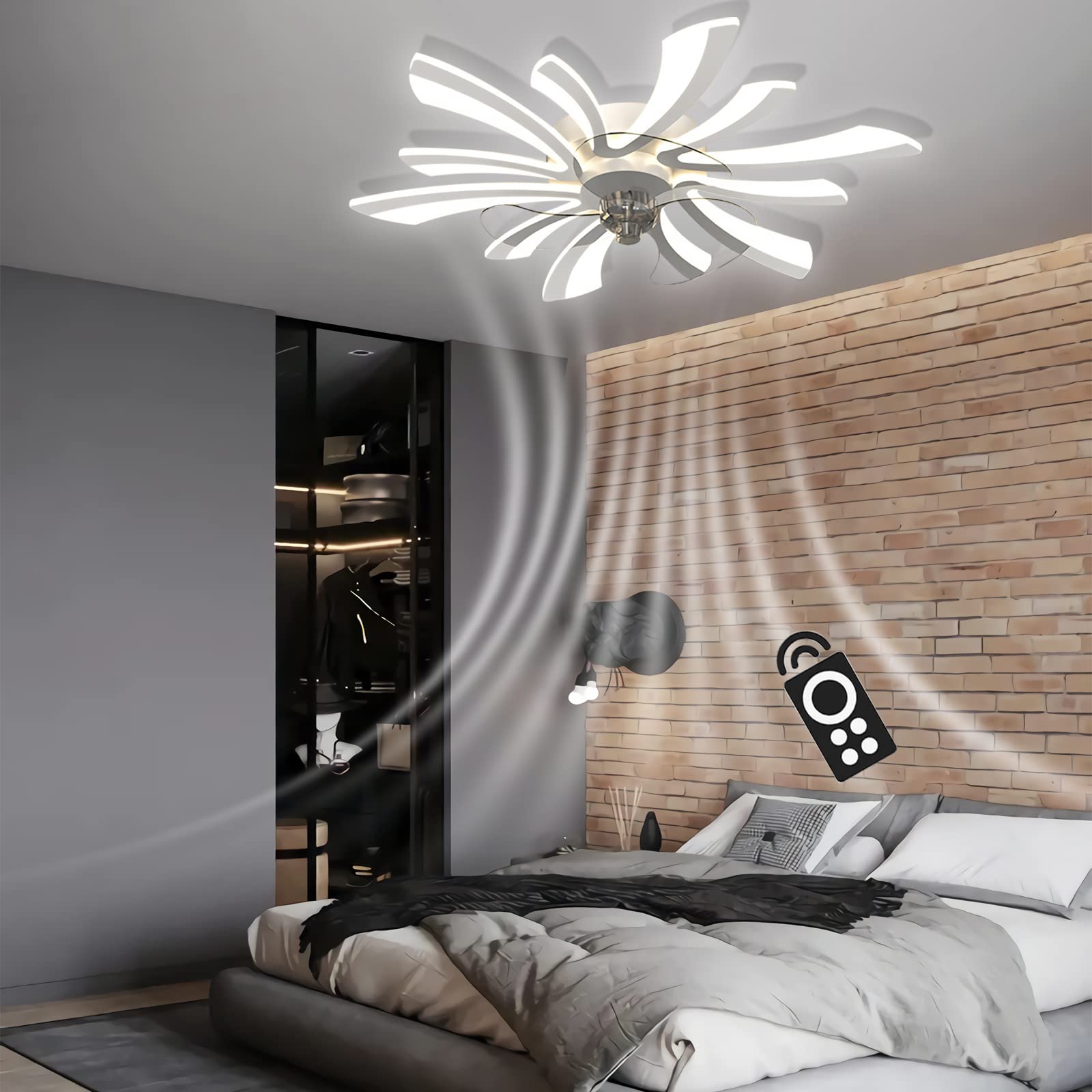 Wentylator sufitowy ze światłem cicha nowoczesna lampa sufitowa LED tryb zimowy silnik prądu stałego możliwość przyciemniania kreatywny 6 świateł wisiorek światło do salonu (Biały, Ø78cm/70W)