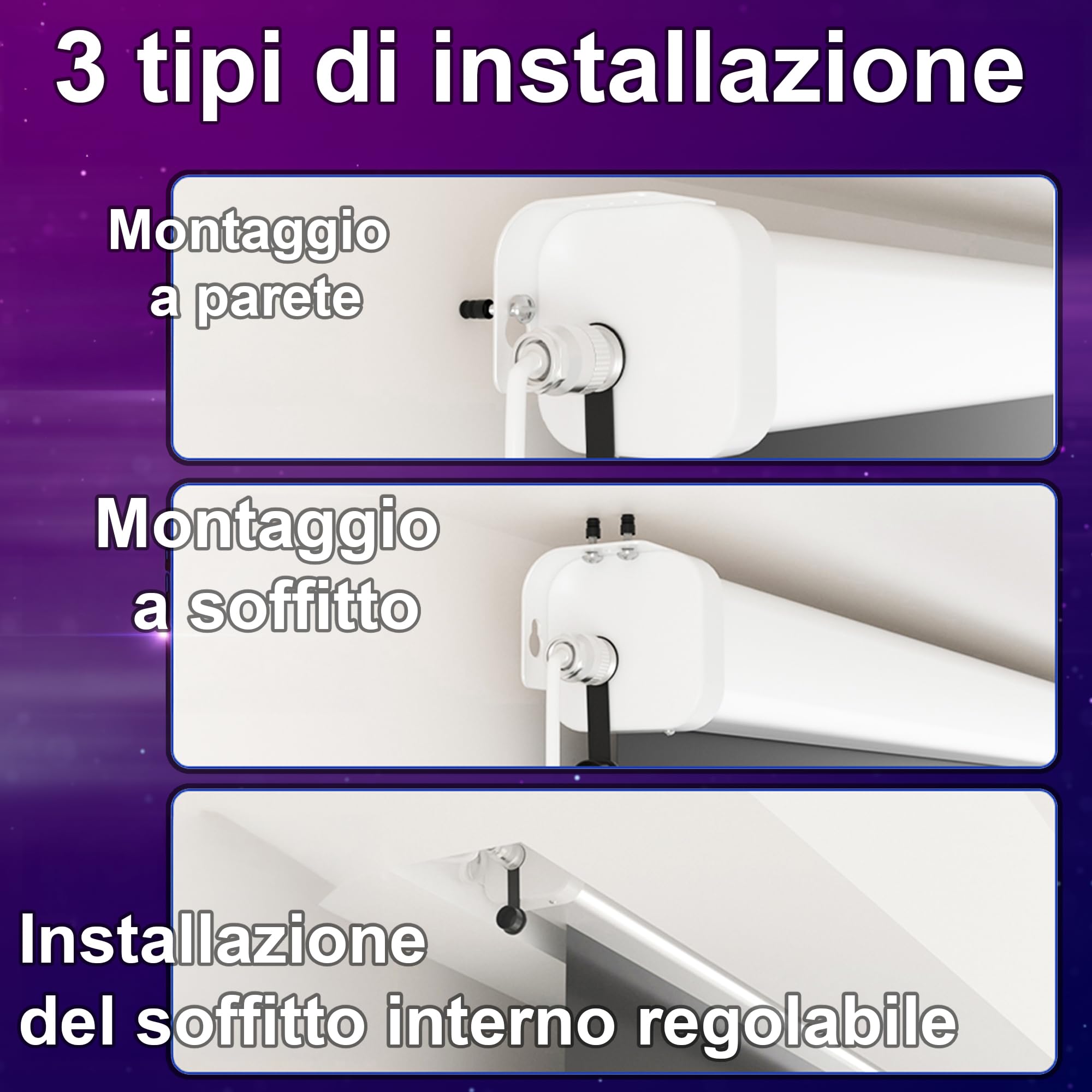 Schermo proiettore elettrico 100 pollici 16:9 Luxscreen, area visibile 221 x 124 cm, spazio di installazione 250 cm, installazione a parete o a soffitto, con telecomando