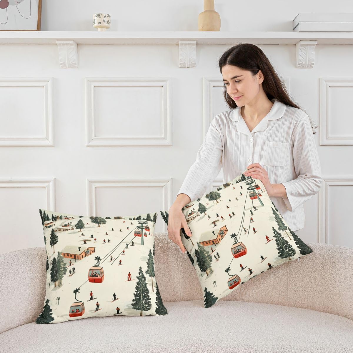 Castle Fairy Skiing Pillow Covers 18x18 Inch Set of 2 Cartoon Cable Car Green Pine Trees Cushion Cases for Kids Teens Adults Winter Sports Ski Skis Cushion Covers for Living Room Couch image 3