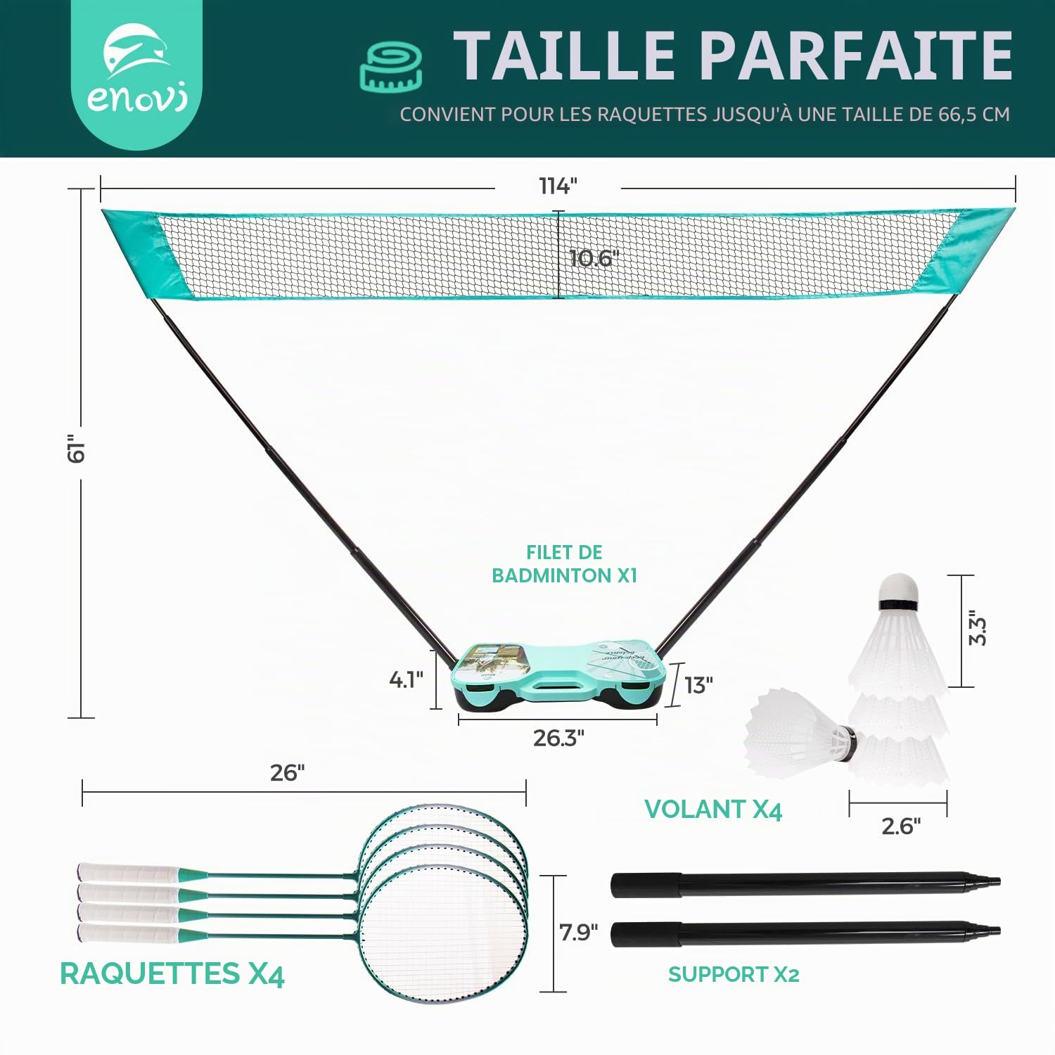 EasyGo Lot de volants de badminton avec 4 raquettes, filet de badminton, 4 volants de badminton, boîte de rangement portable