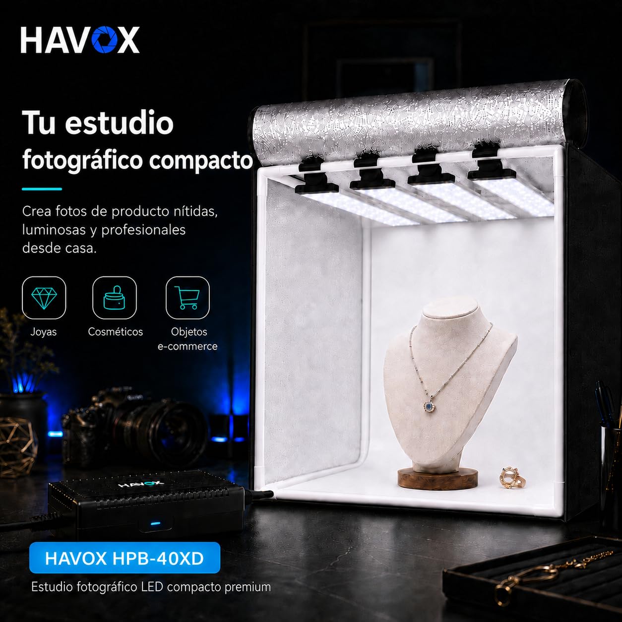 HAVOX Estudio Fotográfico HPB-40XD - 40x40x40cm – Caja de Luz LED 5500K 26000lm – Lightbox Portátil con 4 Paneles Inclinados – Mini Estudio E-Commerce – Fotografía de Producto Amazon, Packshot