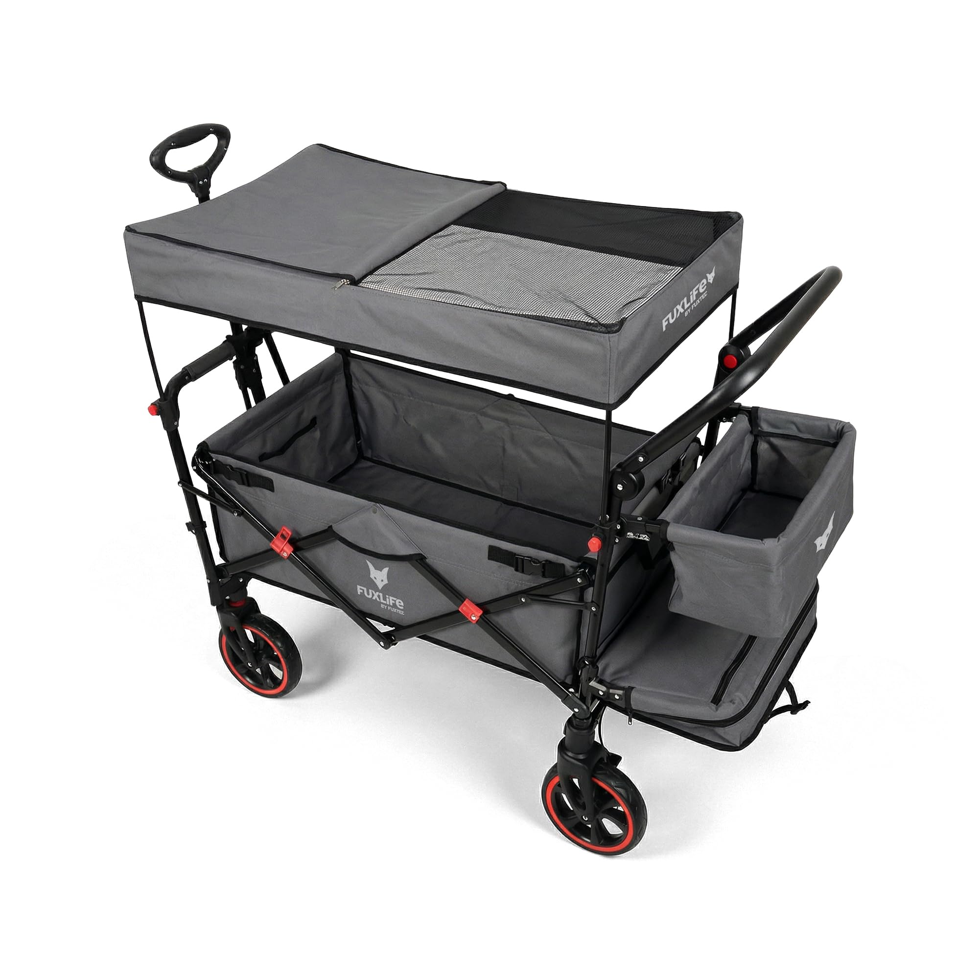 FUXLIFE Bollerwagen FX-CT850 Grau - Komfort faltbar • Kinder Transportwagen mit Sonnendach • gepolsterter Innenraum mit Verlängerung • gefederte Räder • klappbarer Handwagen mit Hecktasche