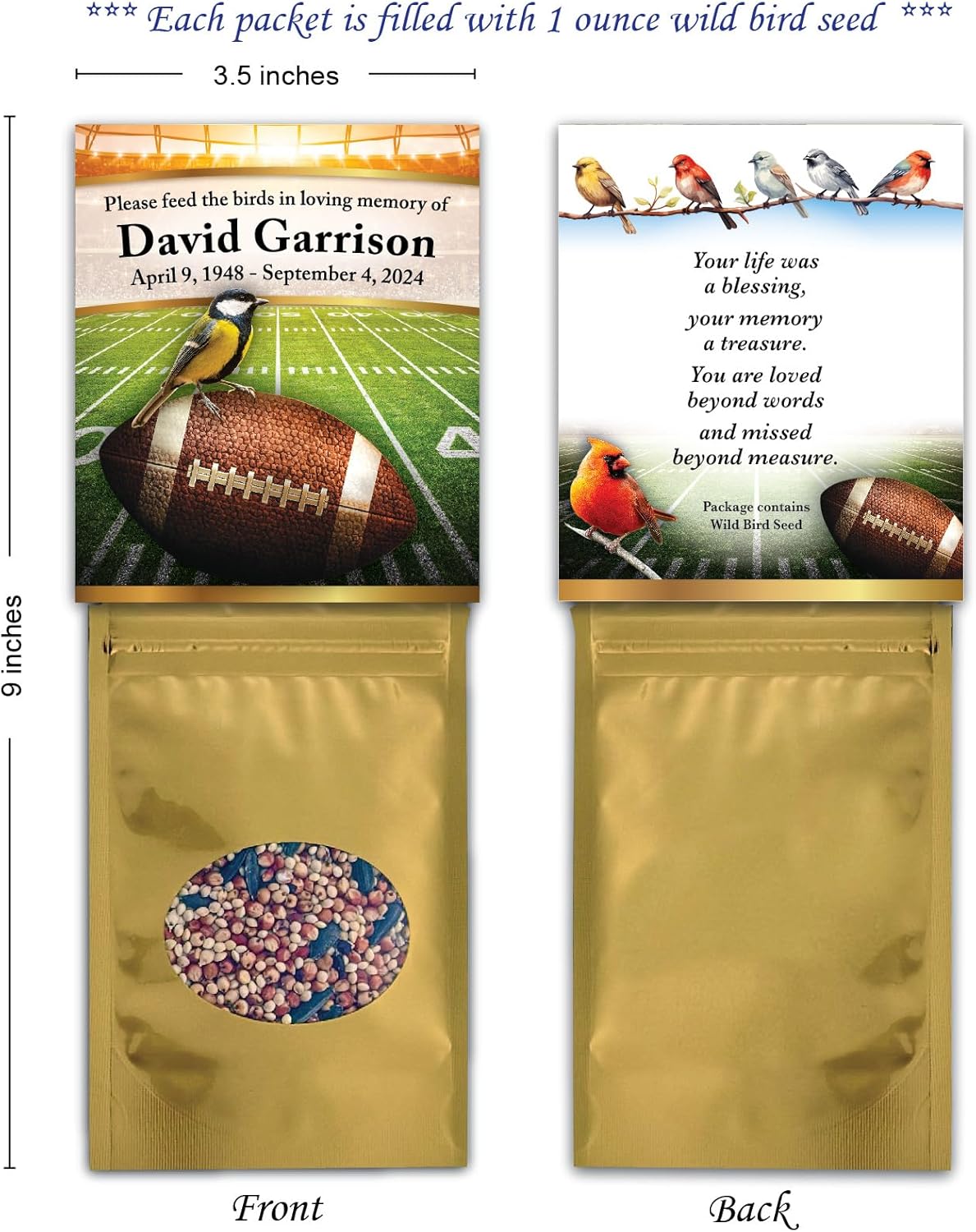 Personalized Football Memorial Funeral Bird Seed Packets with Choice of Sympathy Poem, Tribute, Keepsake, Wild Bird Seed Favors, Remembrance, Celebration of Life, Sports Fan, Coach Design - Qty 25