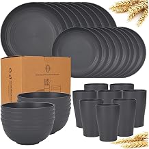 16 Unbreakable Dinner Plates 24 Pieces 32 Piece Straw Dinnerware Set for 8 People Flatware Set, Black, Microwave and Dishwasher Safe, Reusable Cutlery 32, Dark Gray