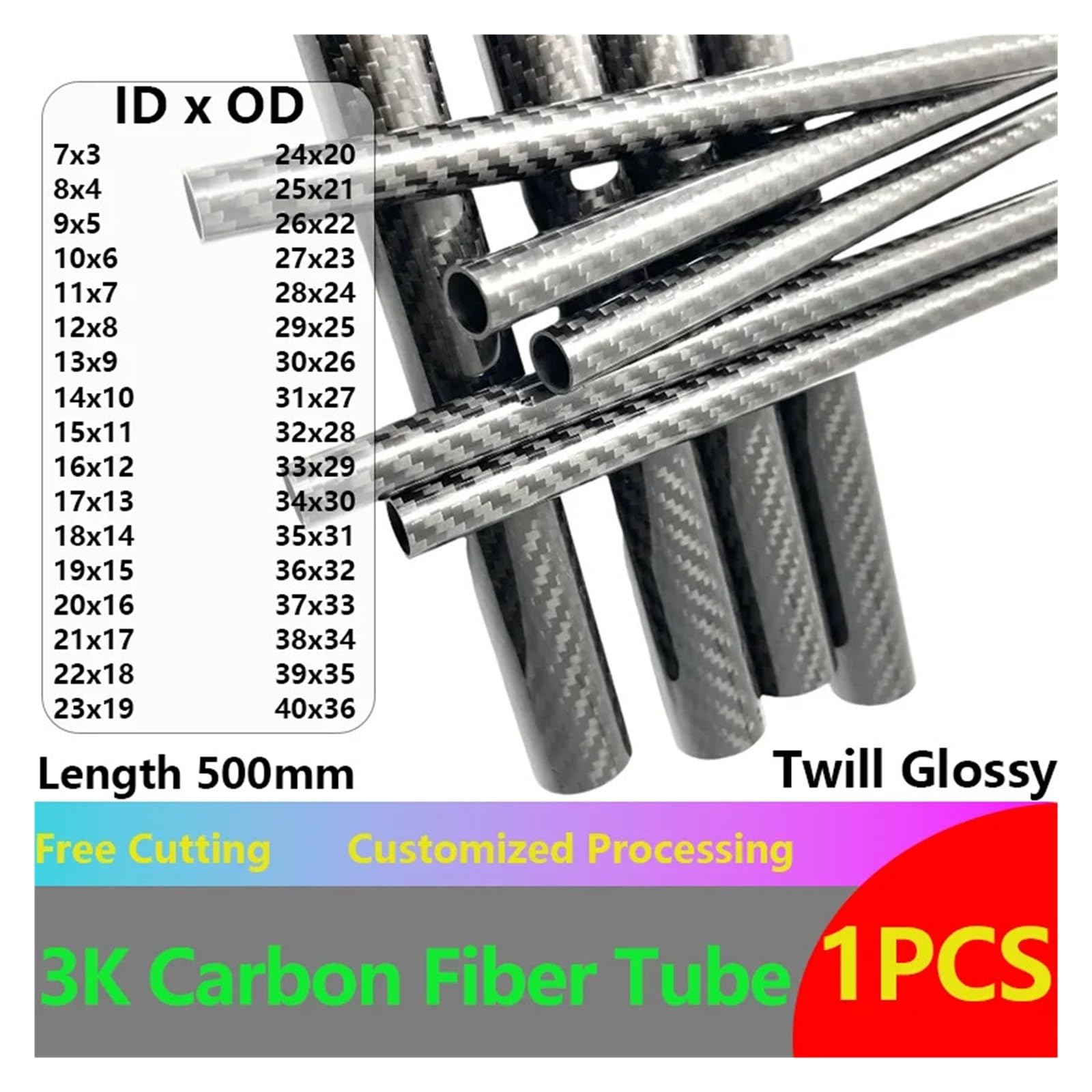 Tubo de fibra de carbono | Tubo de Fibra de Carbono 3K 2uds Liso Brillante(27x23x500mm 2pcs)