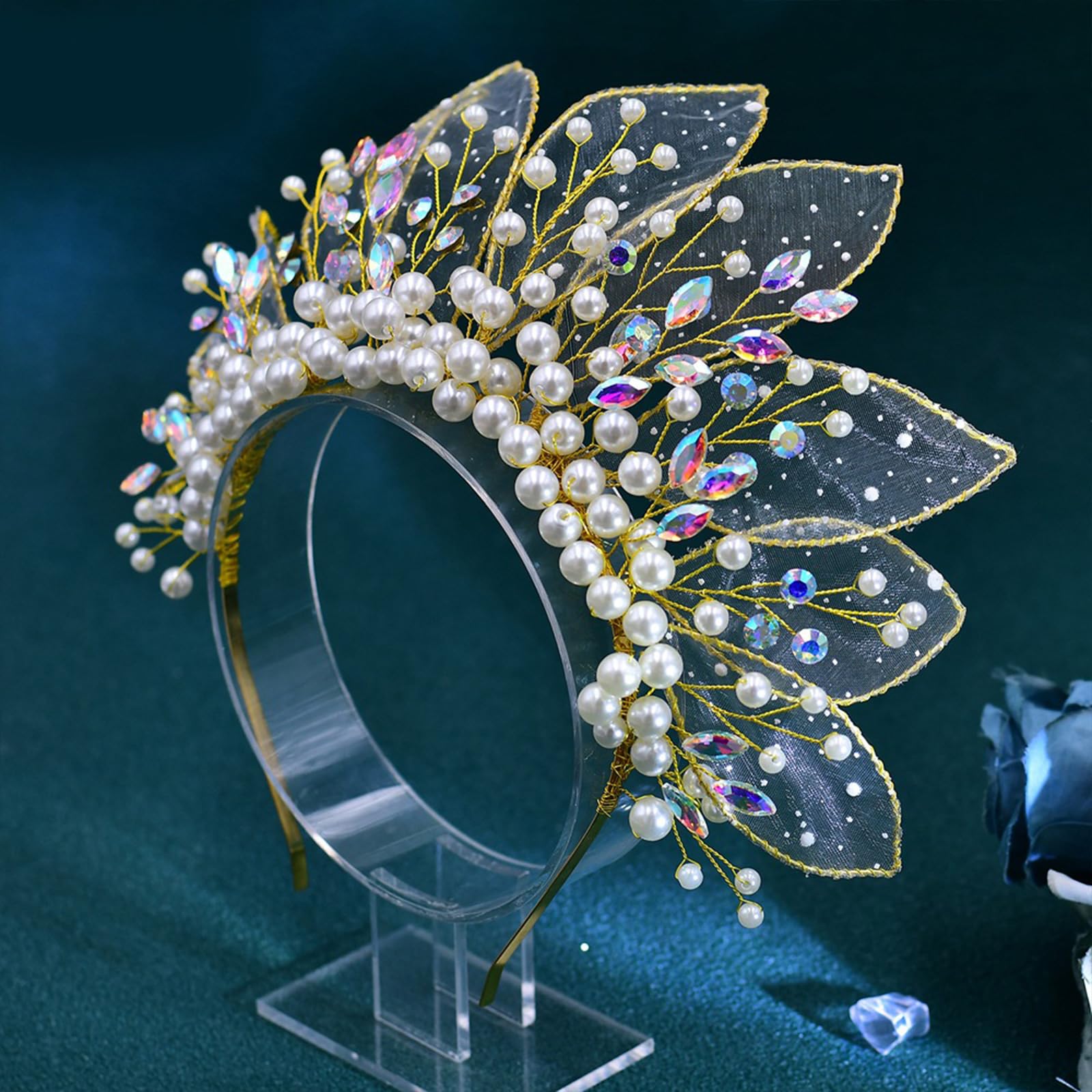 Diadema de boda dorada para novia con cuentas transparentes y perlas, accesorio de pelo de moda para graduación, concurso de graduación, cumpleaños