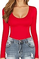 Vista 54 de MANGOPOP Long Short Sleeve Bodysuits for Women Scoop Neck Ribbed Body Suit Stretchy Basic T Shirt Tops