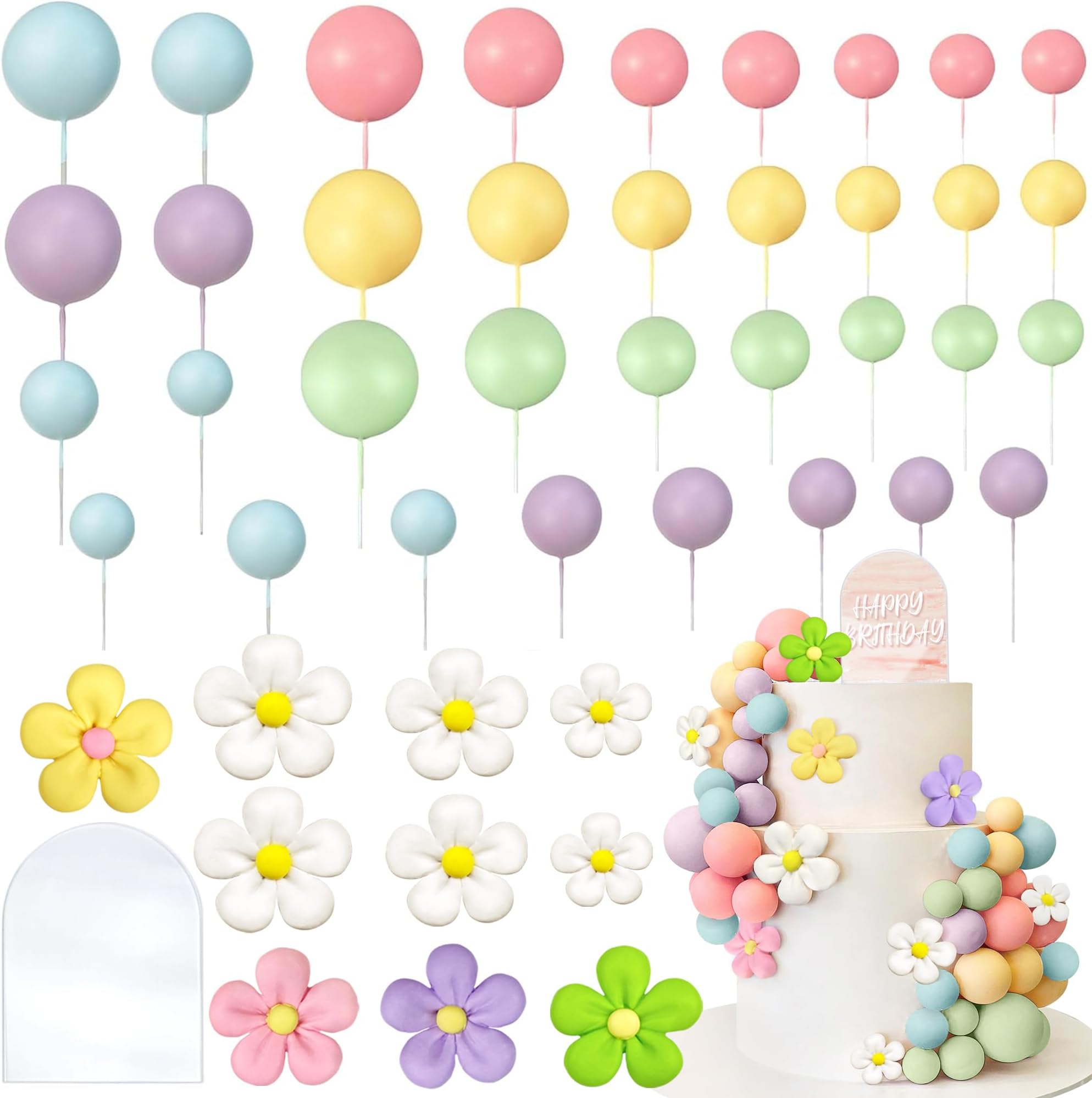 46 PCS Boho Groovy Cake Topper Mini Balls Acrylic Retro Hippie Daisy Flower Cake Topper for Wedding Party Supplies (Colorful)
