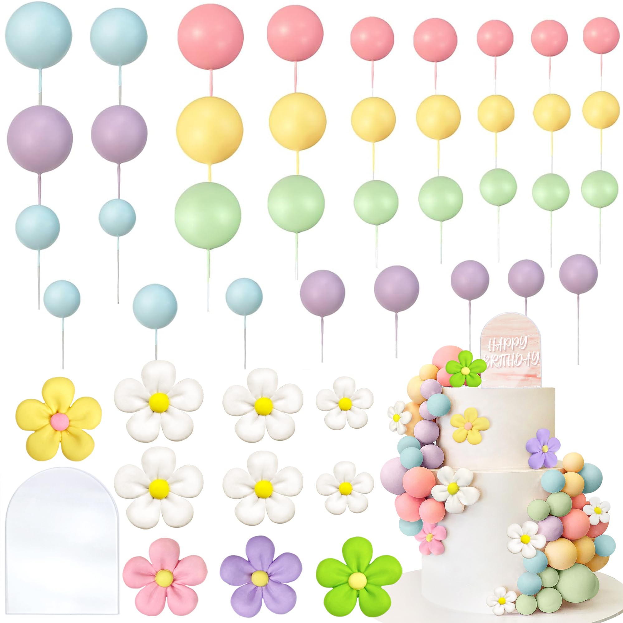 46 piezas de decoración bohemia para tartas, mini bolas acrílicas, decoración retro hippie de margaritas para decoración de pasteles, suministros de fiesta de boda