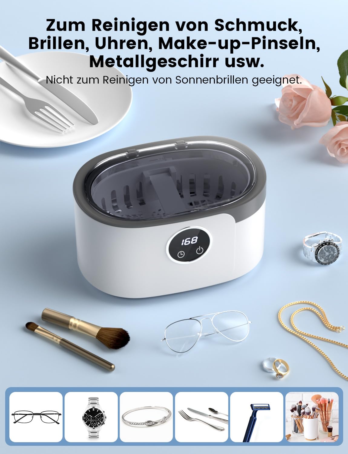 Ultraschallreinigungsgerät Ultraschallreiniger 600ml Ultraschallbad Ultrasonic Cleaner Mit 5 Zeitfunktionen für Brille Schmuck Uhren
