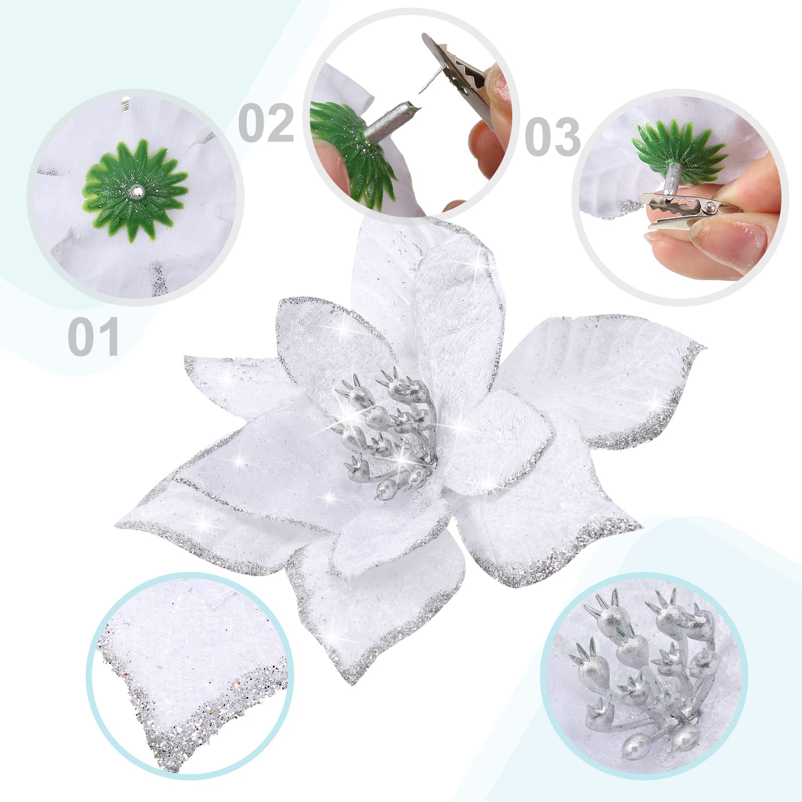 Geosar 100 Pcs Poinsettia à Paillettes de Noël de 3 Tailles Fausses Fleurs de Mariage Ornements de Décoration de Fleurs de Noël pour Décor Extérieur Maison Nouvel an Arbre de Noël (Blanc)
