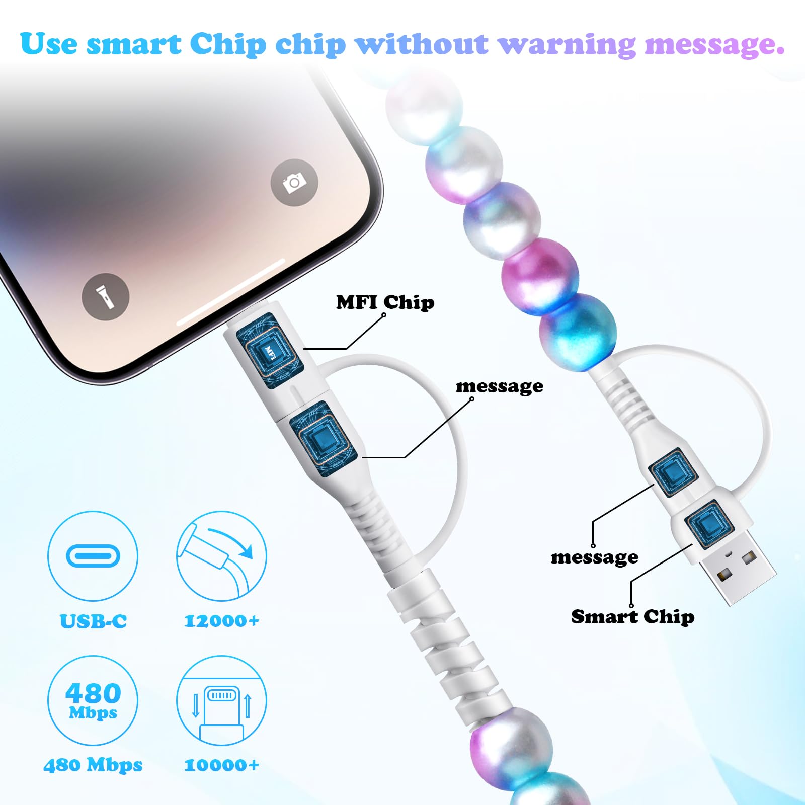 USB-C-Ladekabel, Perlen-Ladekabel, 4-in-1, MFi-zertifiziert, 1,8 m, Schnellladekabel, niedliche Perlenapplikation für iPhone 17, 16, 15, 14, 13, 12, 11 Pro Max, für Galaxy S25, S24, S23, S22