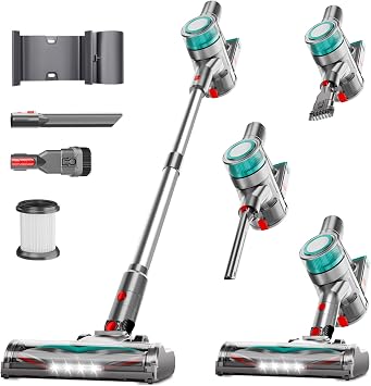 Cordless Vacuum Cleaner, Powerful Stick Vacuum Cleaner for Home with Rechargeable Battery, 6-in-1 Lightweight Handheld Vacuum, 45 Mins Runtime for Hardfloor & Carpets Pet Hair Green