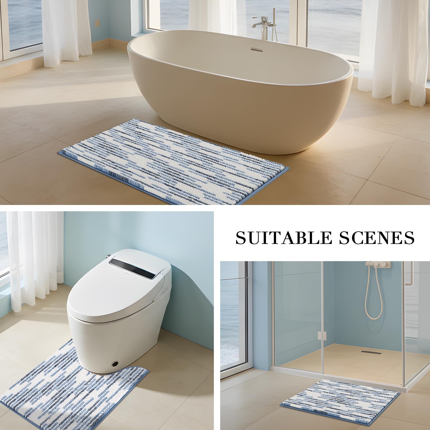 BSICPRO Bathroom Rugs Sets 3 Piece, Non-Slip Chenille Toilet Rugs with TPR Backing, U-Shaped Toilet Mat with Abstract Stripe Design, Ultra Soft Thick Absorbent Bath Floor Mats for Bathroom Washable