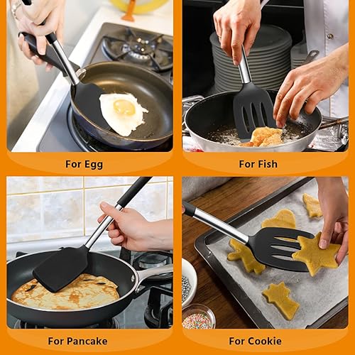 Miniatura 6 de E-far Juego de 2 espátulas de silicona, espátulas sólidas y ranuradas para utensilios de cocina antiadherentes, utensilios de cocina de goma