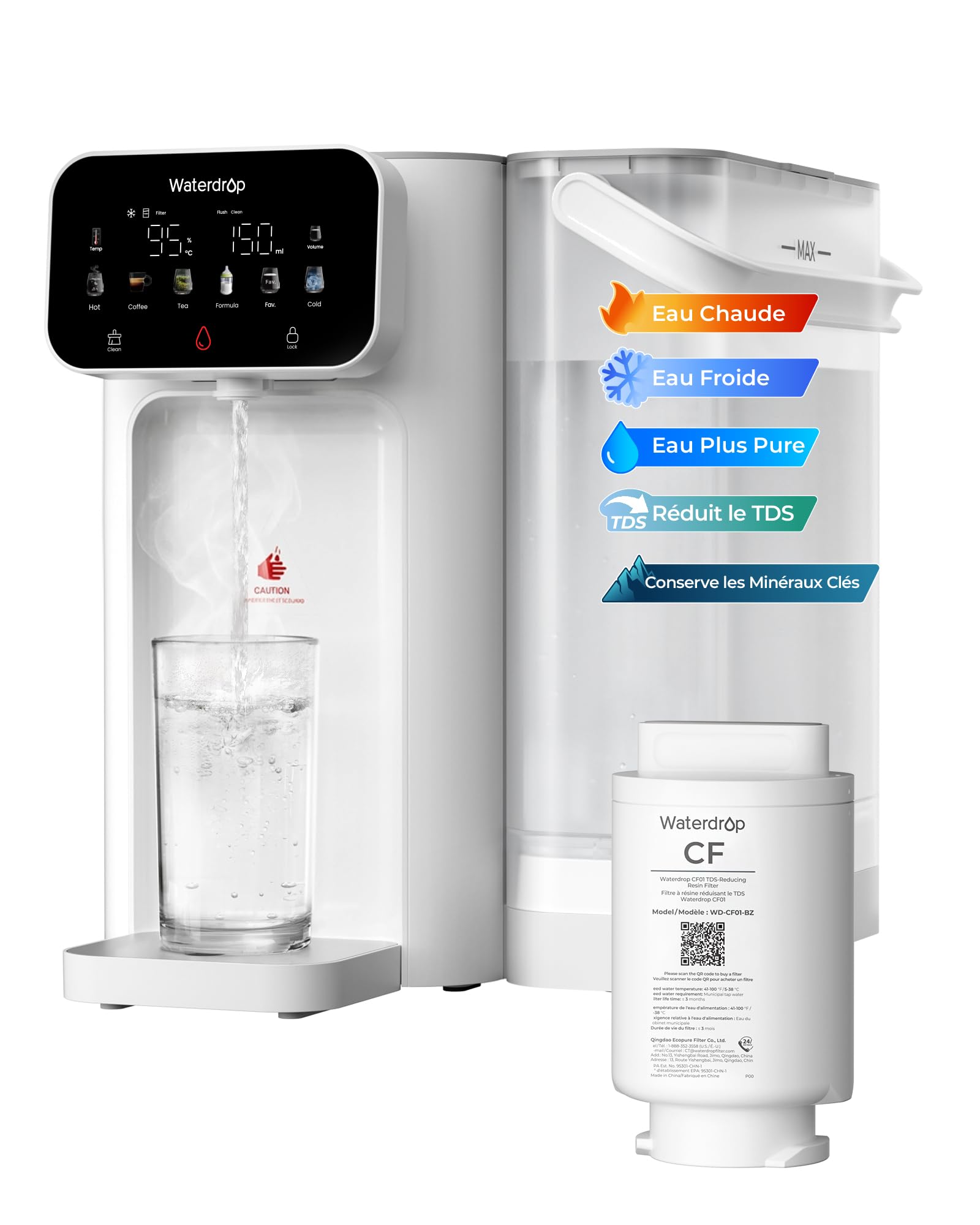 Waterdrop CT01 Chaude & Froide Distributeur d'eau avec Filtre, Réduit TDS, Calcaire & Chlore, Conserver Minéraux Importants, 8 Étapes Filtration, Réglages Température Multiples (15-95 °C)