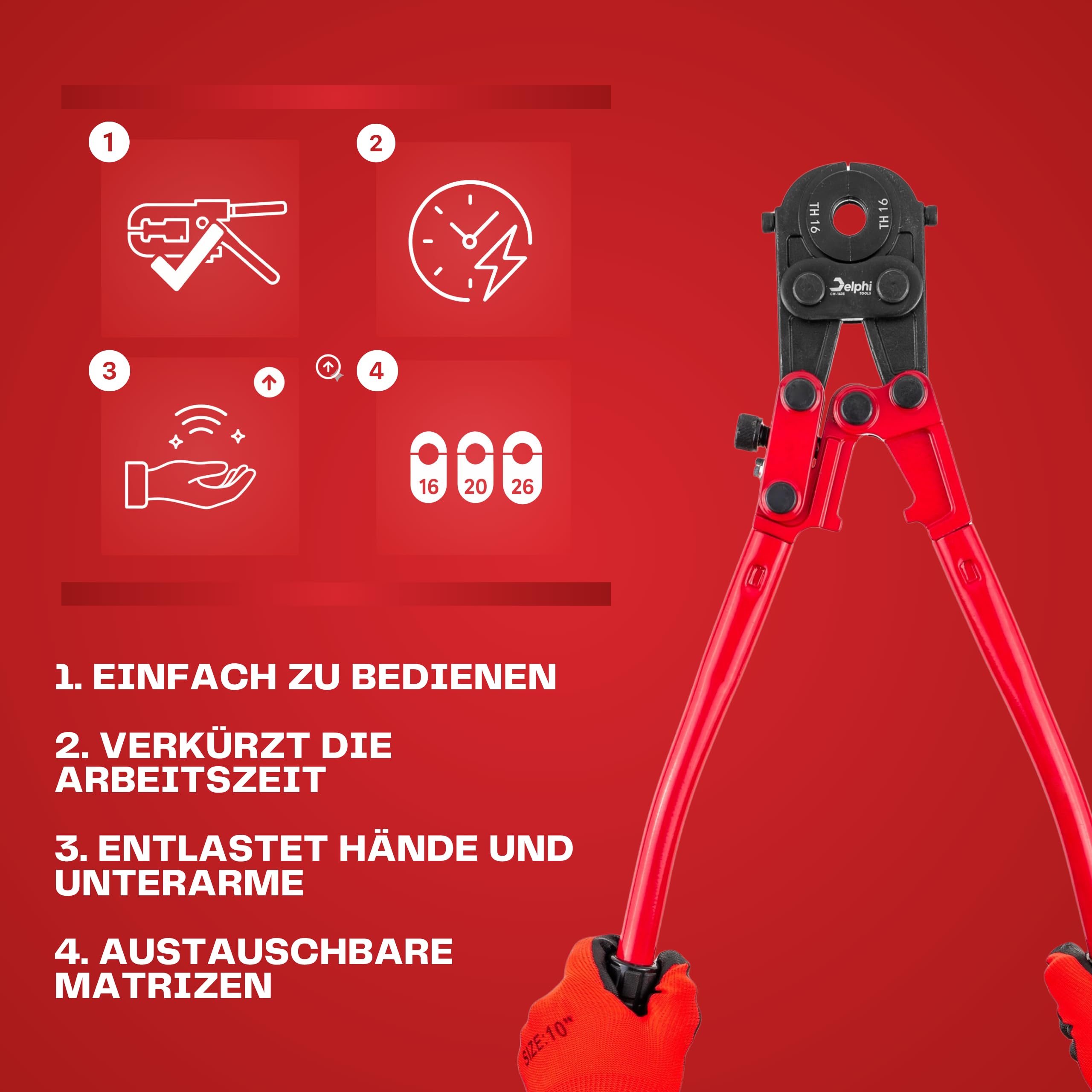 Presszange TH Kontur 16-20-26 mm plus Schutzhandschuhe im Set
