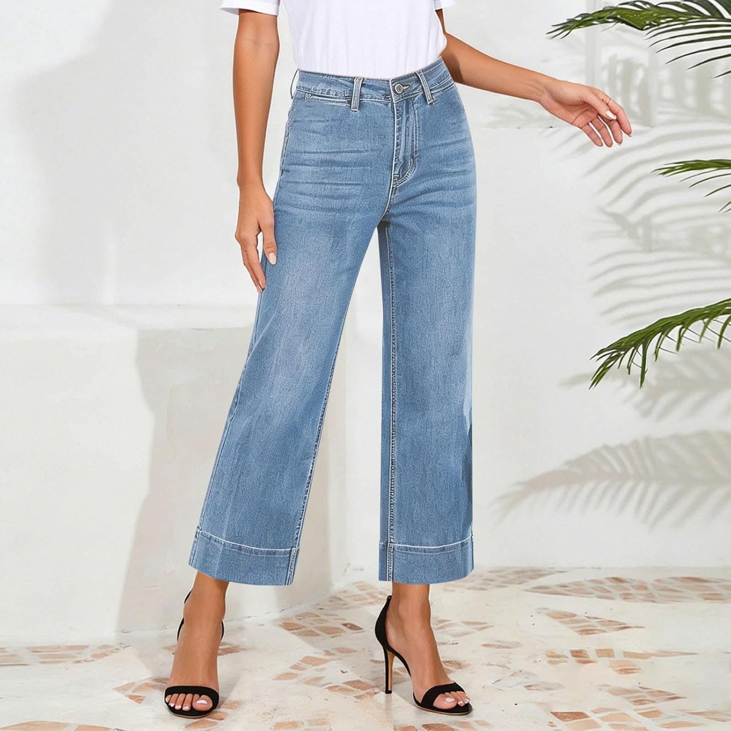 Wide Leg Jeans for Women Trendy High Waisted Stretchy Denim Pants 90s Baggy Jeans Trouser Cropped Jeans with Pockets
