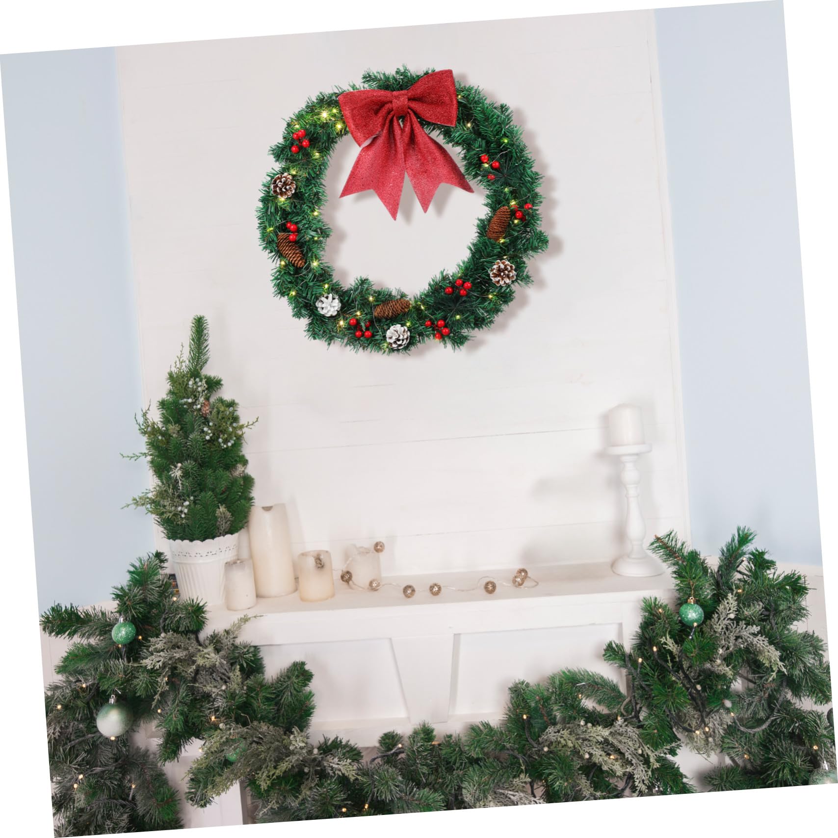 Guirnalda Navideña Brillante de Decoración Artificial con Luces Acento Festivo con Lazo y Piñas para Decoración de Puerta Interior