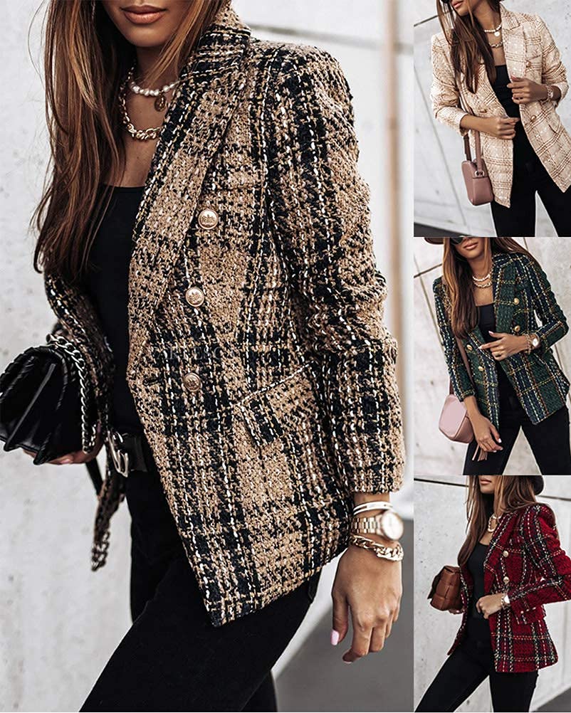 Onsoyours Donna Manica Lunga Colletto Cappotto Elegante Ufficio Business Blazer Top A Quadri Slim Fit Giacca con Pulsante Corto OL Tailleur Giacca