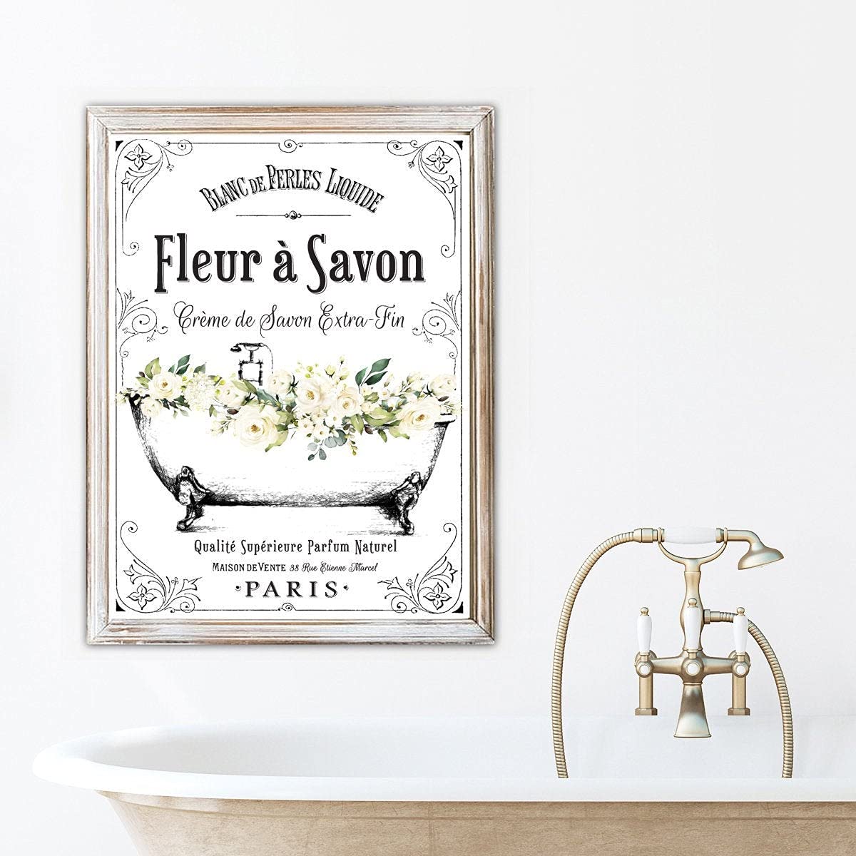 Yivxa Tin-378 French Soap White Floral Clawfoot Tub Metal Tin Sign Retro Vintage Farmyard Bathroom Bar Wall Decor 8X12 Inch Plaque