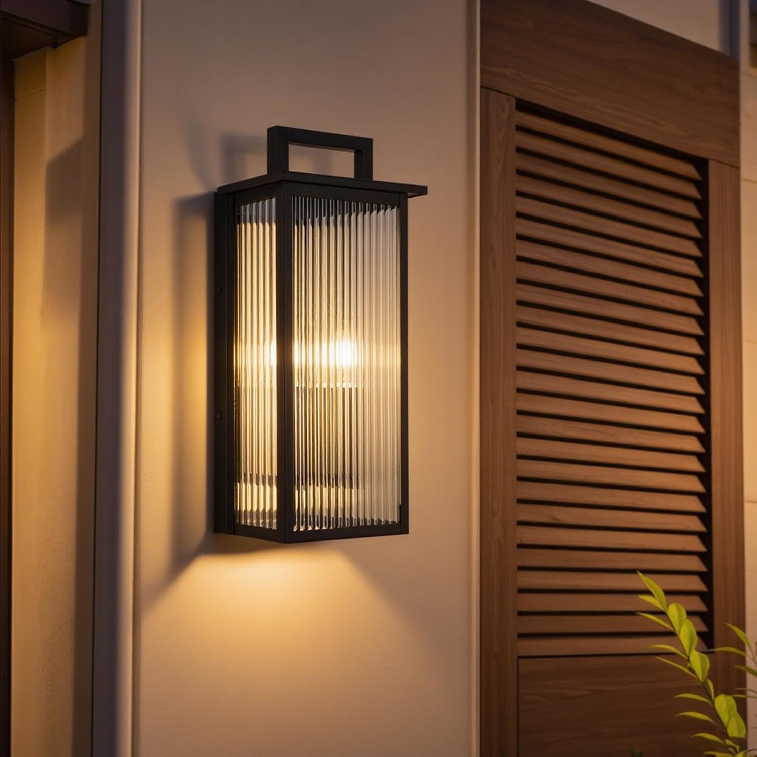 Maxax 18" Dusk to Dawn Outdoor Wall Lantern, 2-Light Large Outside Wall Light, Black Outdoor Wall Sconce with Striped Glass, Waterproof Exterior Lighting Fixtures for House Porch Garage