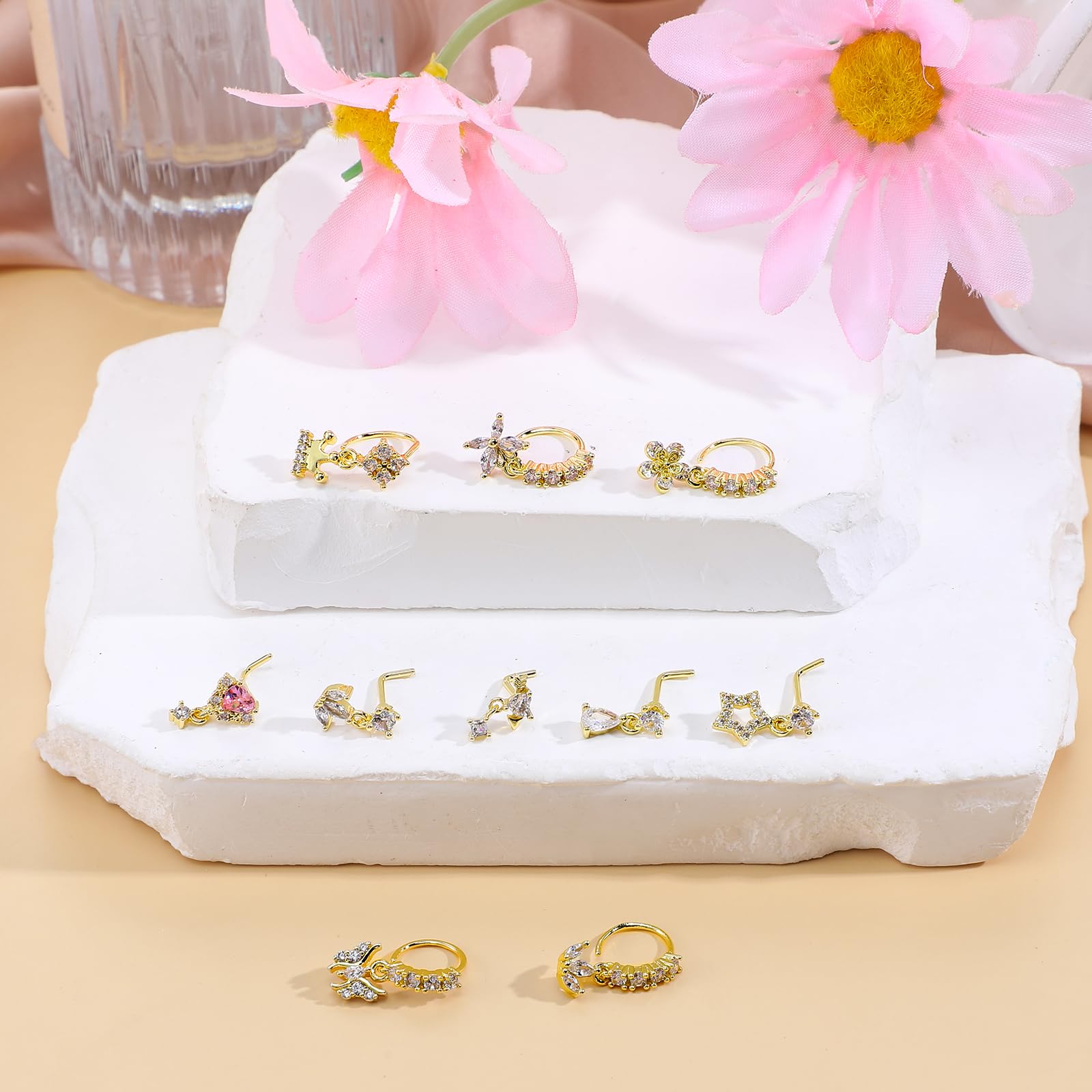 Lot de 10 anneaux de nez pendants pour femme - 20 g - En forme de L - Jolis anneaux de nez avec breloque en zircone cubique - Bijoux de piercing indien - Boucles d'oreilles de cartilage pour femme