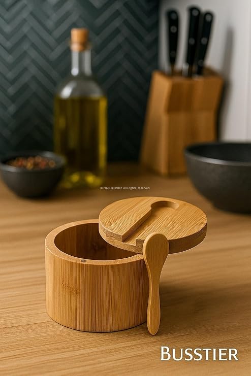 Busstier Kapaklı Kaşıklı Ahşap Baharatlık Doğal Ahşap Baharat Kabı Kaşık ve Kapaklı Tasarım Mutfak Tezgahı İçin Şık Pratik Tuz Şeker Saklama Kutusu Baharat Organizer