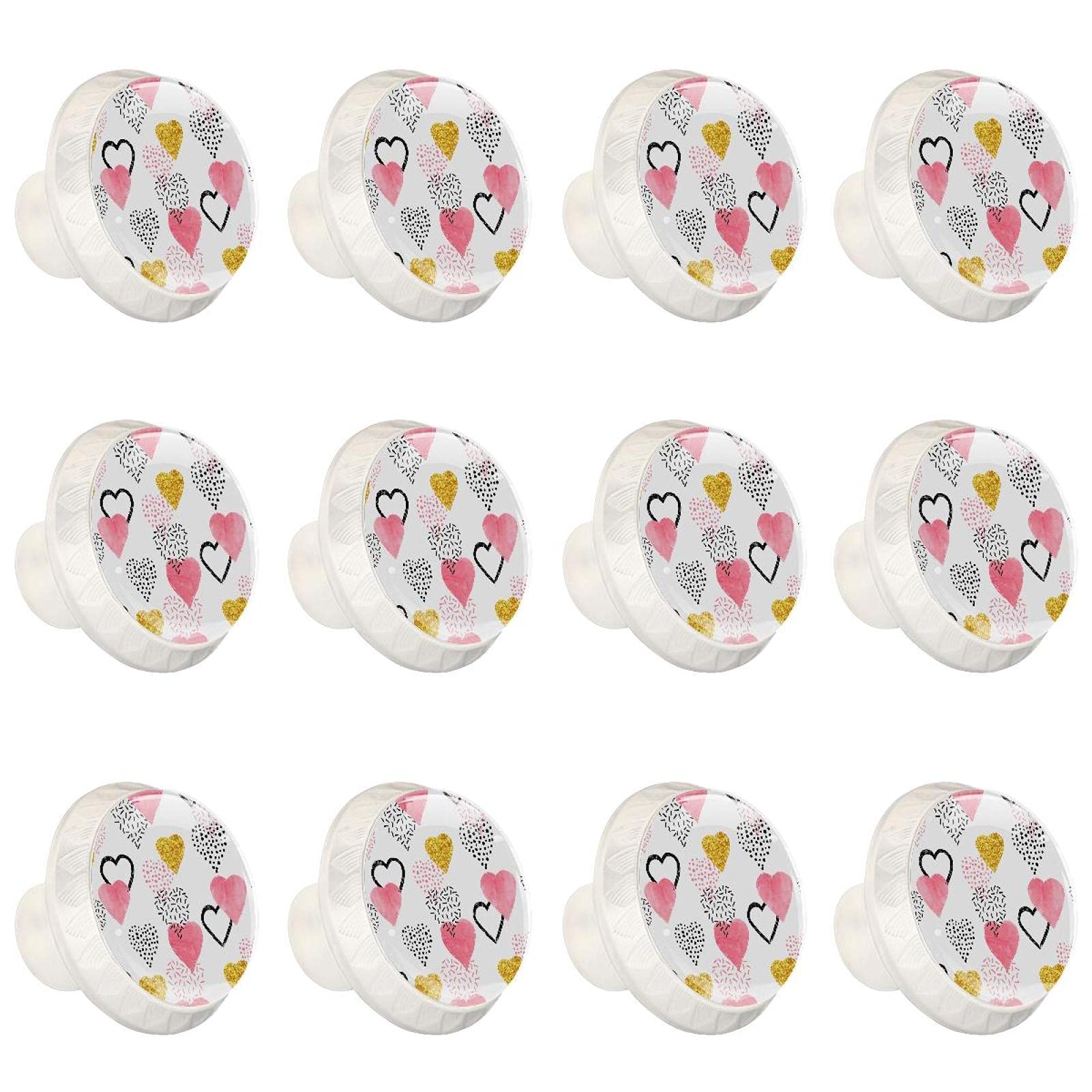 Boutons d'armoires de cuisine ronds à motifs coeurs colorés x12