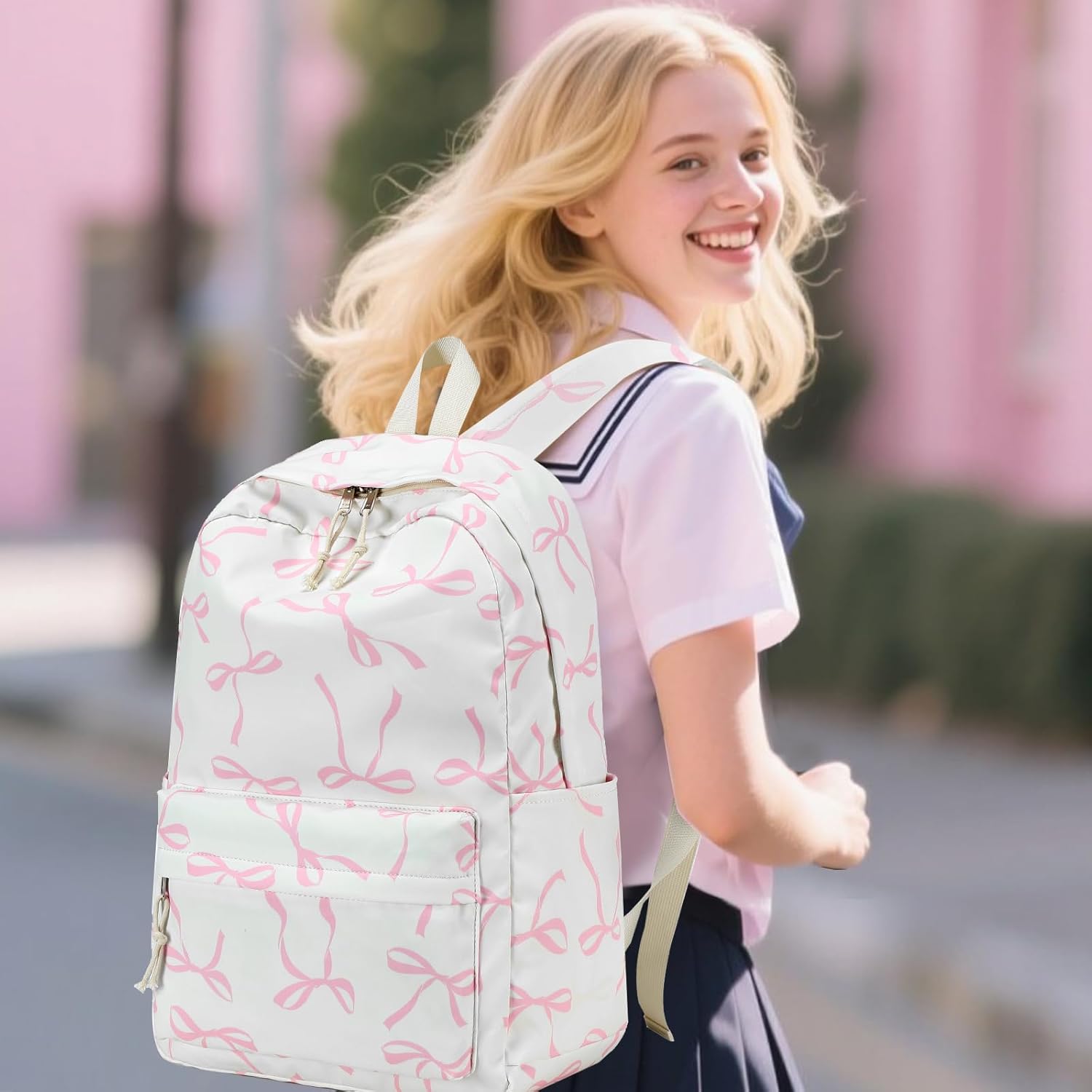 Bluboon Teen Girls School Backpack Kids Bookbag Set with Lunch Box Pencil Case Travel Laptop Backpack Casual Daypacks (Pink bow beige background)