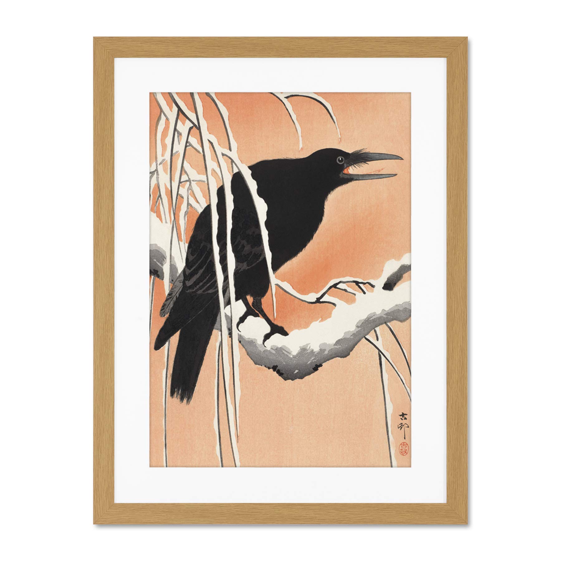 Wee Blue Coo Crow Snowy Branch Ohara Koson Large Framed Art Print Wall Poster 18x24 inch