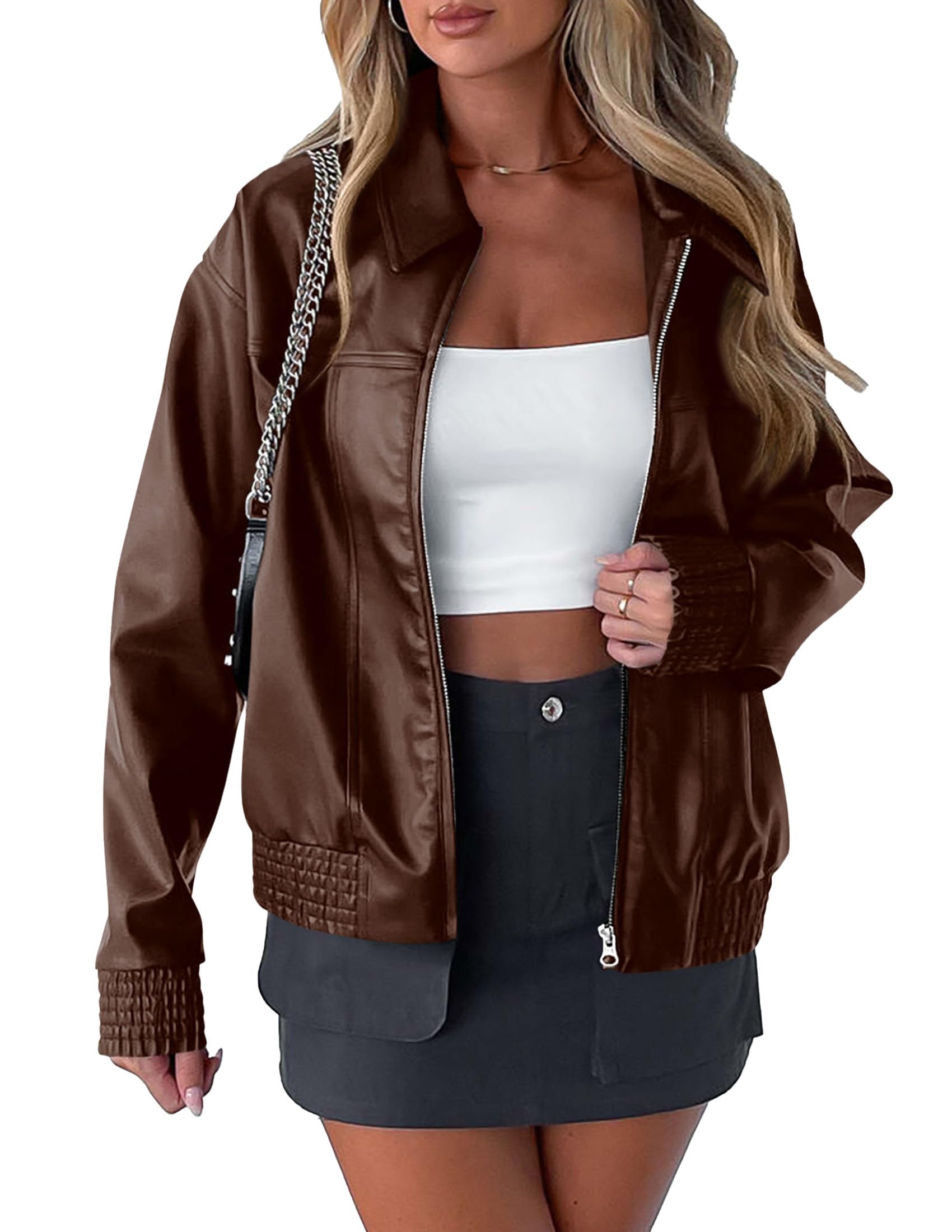 PRETTYGARDENWomen's Faux Leather Jackets 2025 Fall Long Sleeve Bomber Jacket Zip Up Motorcycle Coats Winter Clothes